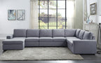 Large light gray linen modular sectional sofa with seven seats and a reversible chaise in a modern living room.