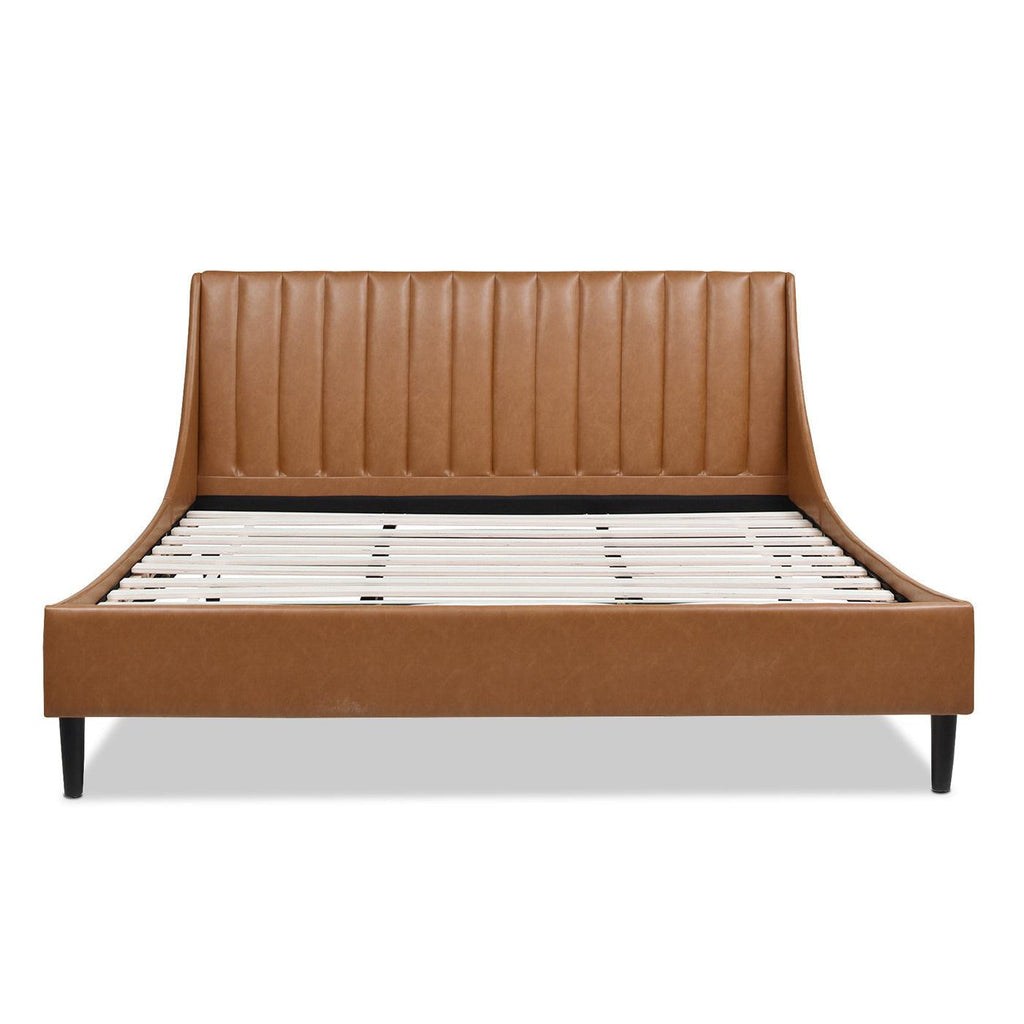Aspen Vertical Tufted Headboard Platform Bed Set, King, Caramel Tan Brown Faux Leather.