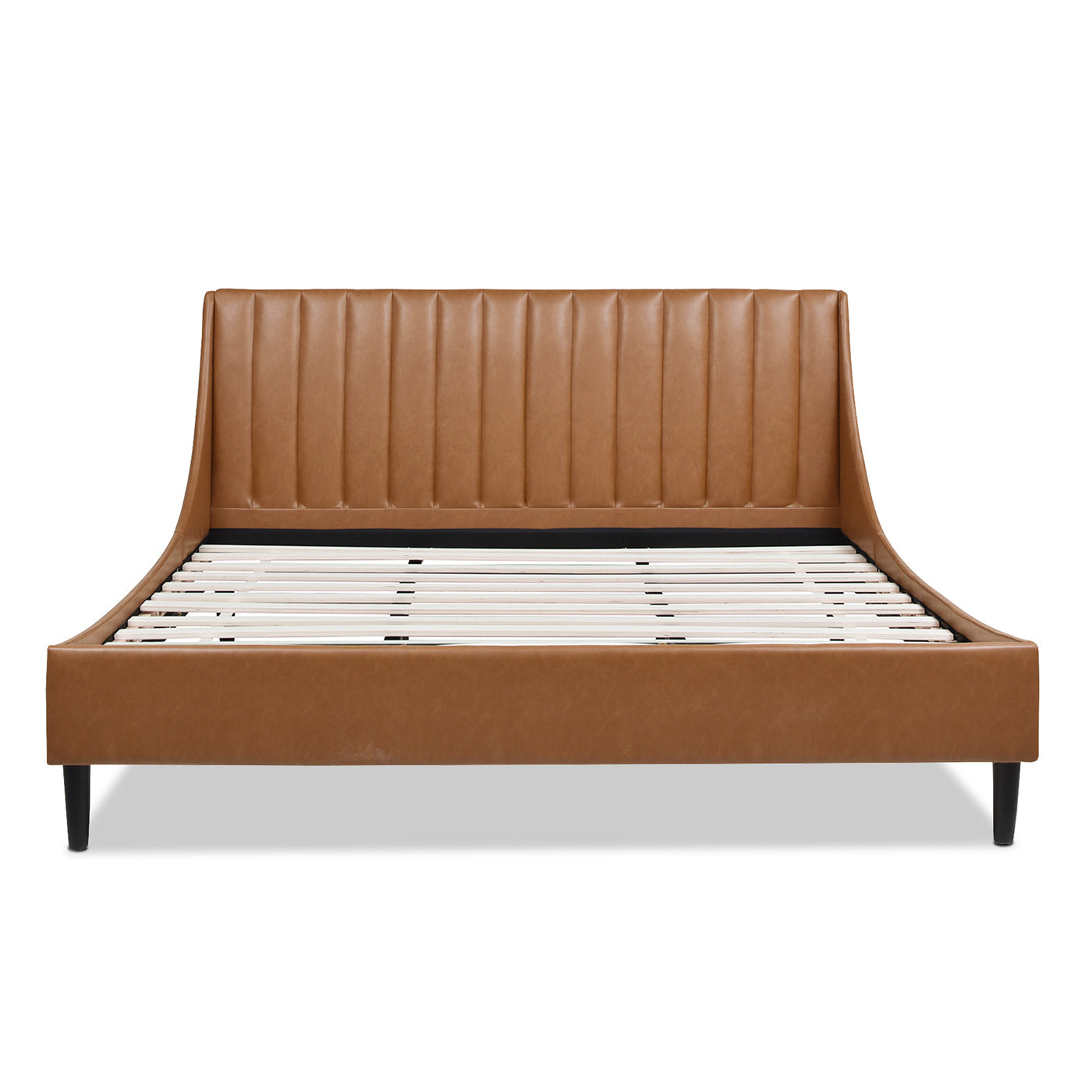 Front view of Aspen king platform bed with vertical tufted caramel tan faux leather headboard and slatted base.