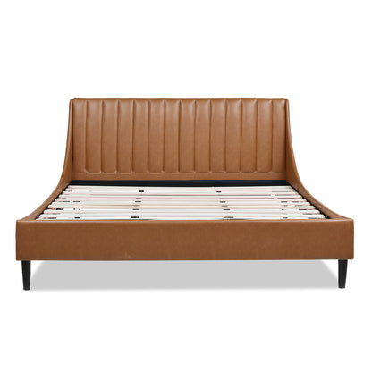 Front view of Aspen king platform bed with vertical tufted caramel tan faux leather headboard and slatted base.