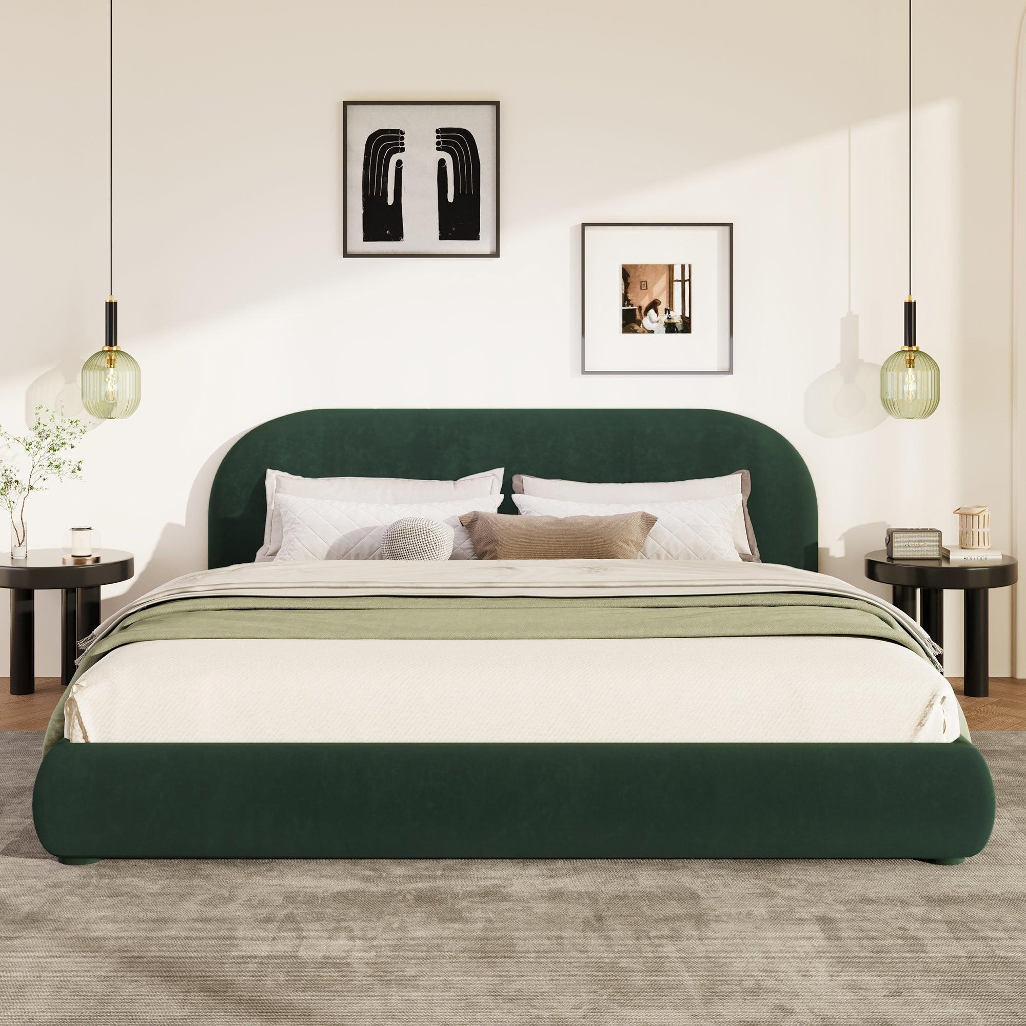 Dark Green Velvet Queen Bed with Curved Headboard.