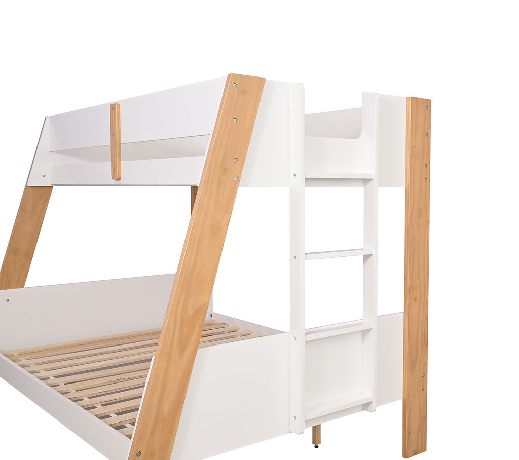 Rear view of twin over full bunk bed with ladder and natural finish, showing sturdy wood slats and angled frame.