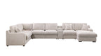 Front-facing view of beige chenille sectional sofa with chaise, built-in cupholders, and USB ports for convenience.