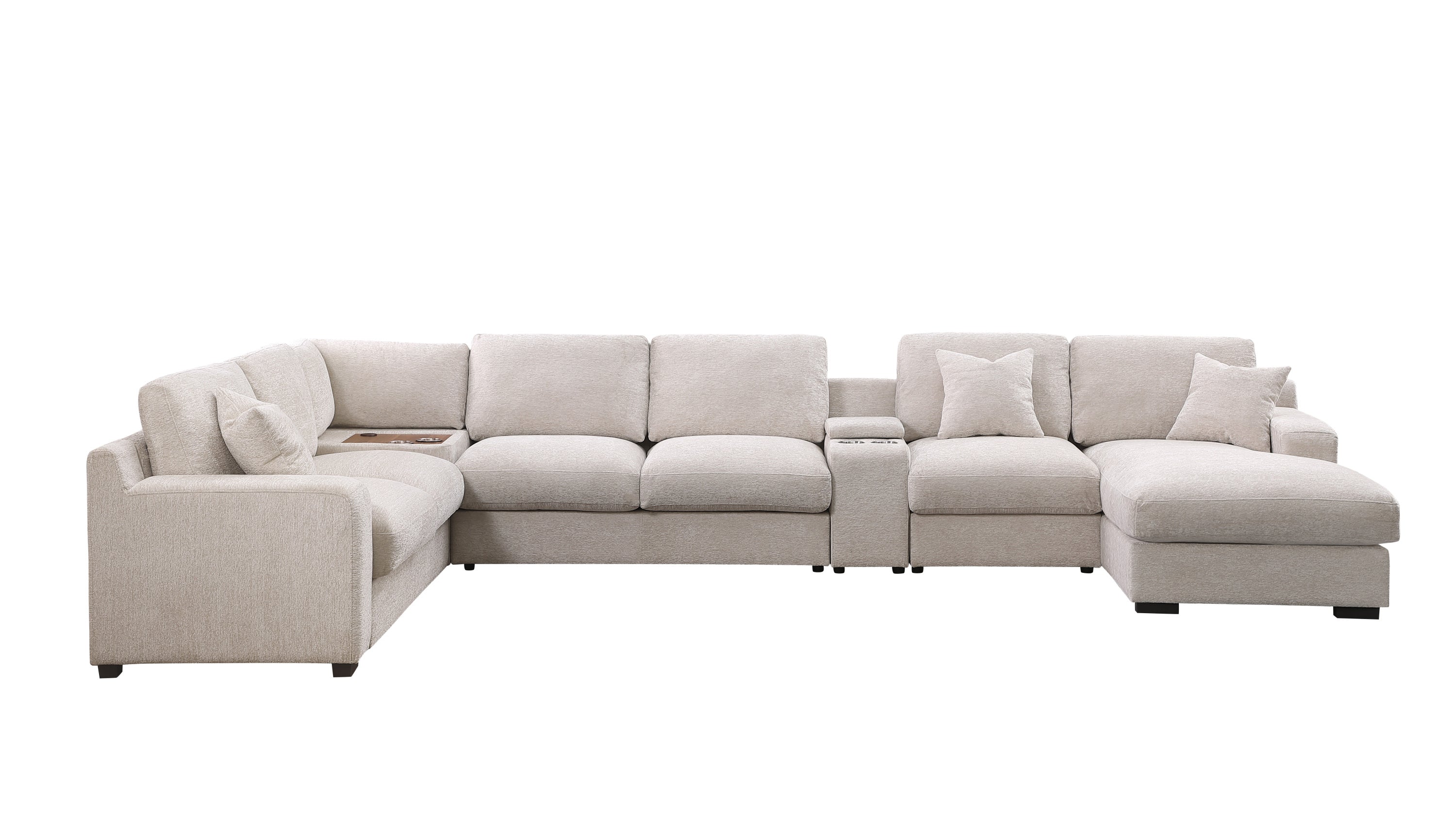 Front-facing view of beige chenille sectional sofa with chaise, built-in cupholders, and USB ports for convenience.