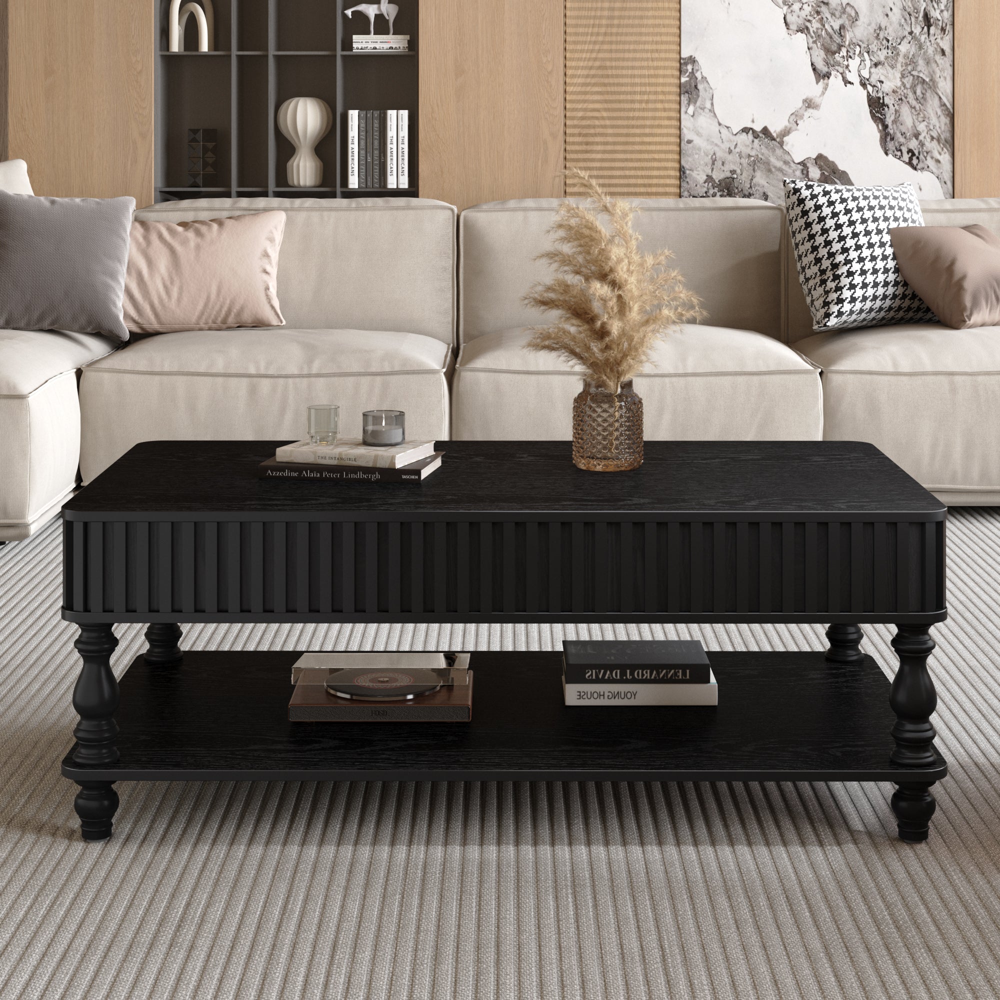 Solid wood lift top coffee table in black with fluted design, shown in modern living room with spacious lower shelf for storage or decor.