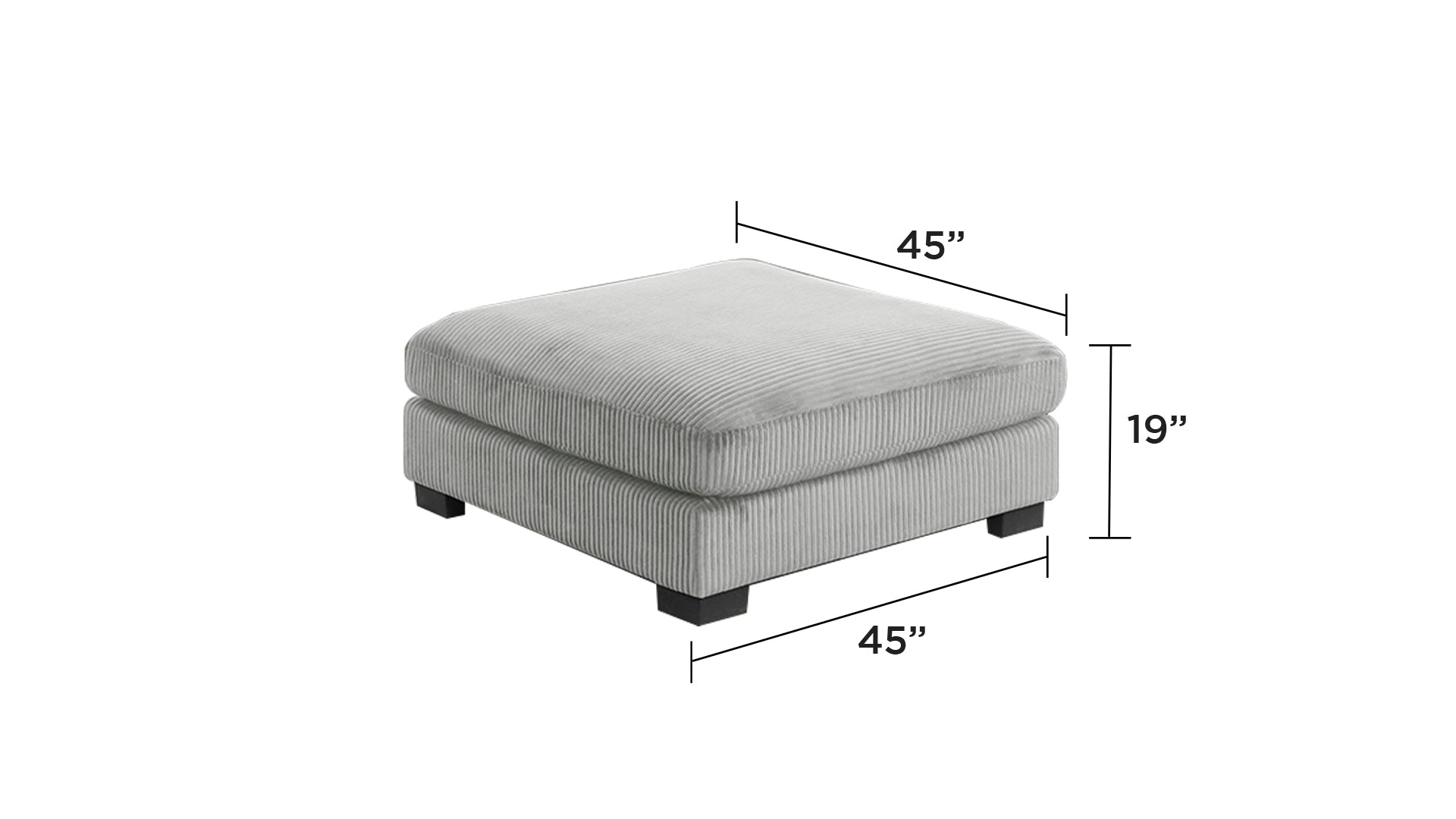 Gray ottoman from Bentley Modular Sectional Sofa measuring 45x45 inches, featuring corduroy fabric and low-profile wooden legs.