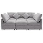 Modern light grey chenille modular sectional sofa with plush cushions, accent pillows, and hidden USB charging ports.