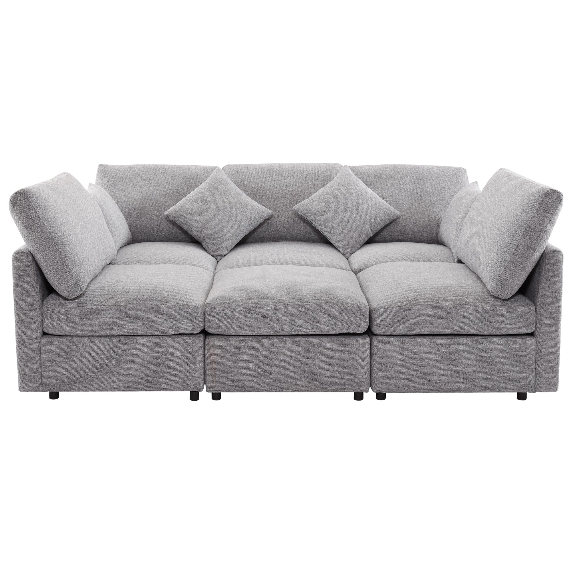Modern light grey chenille modular sectional sofa with plush cushions, accent pillows, and hidden USB charging ports.