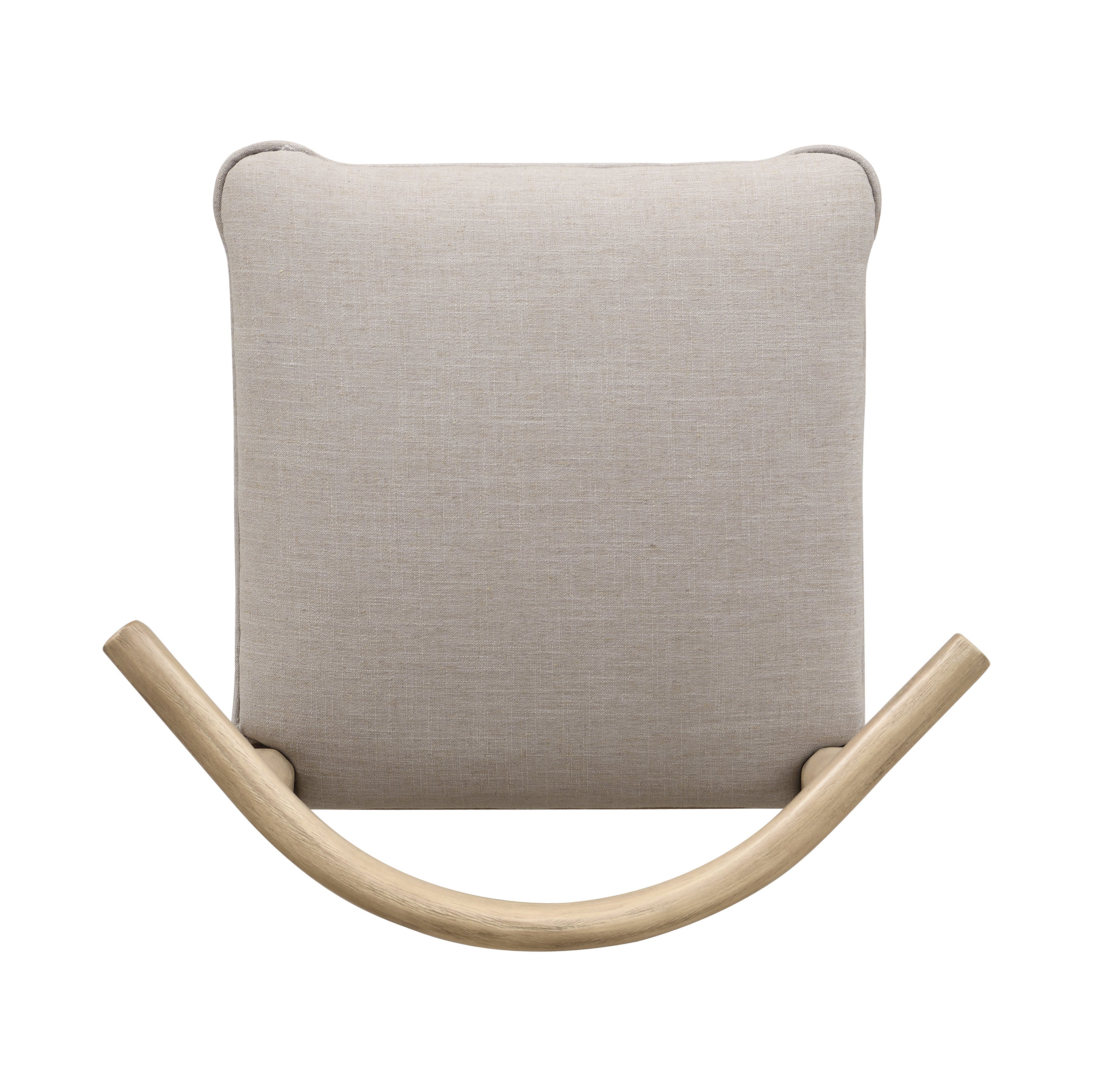 Top-down view of modern counter stool showing cushioned pebble fabric seat and curved wooden backrest for ergonomic support.