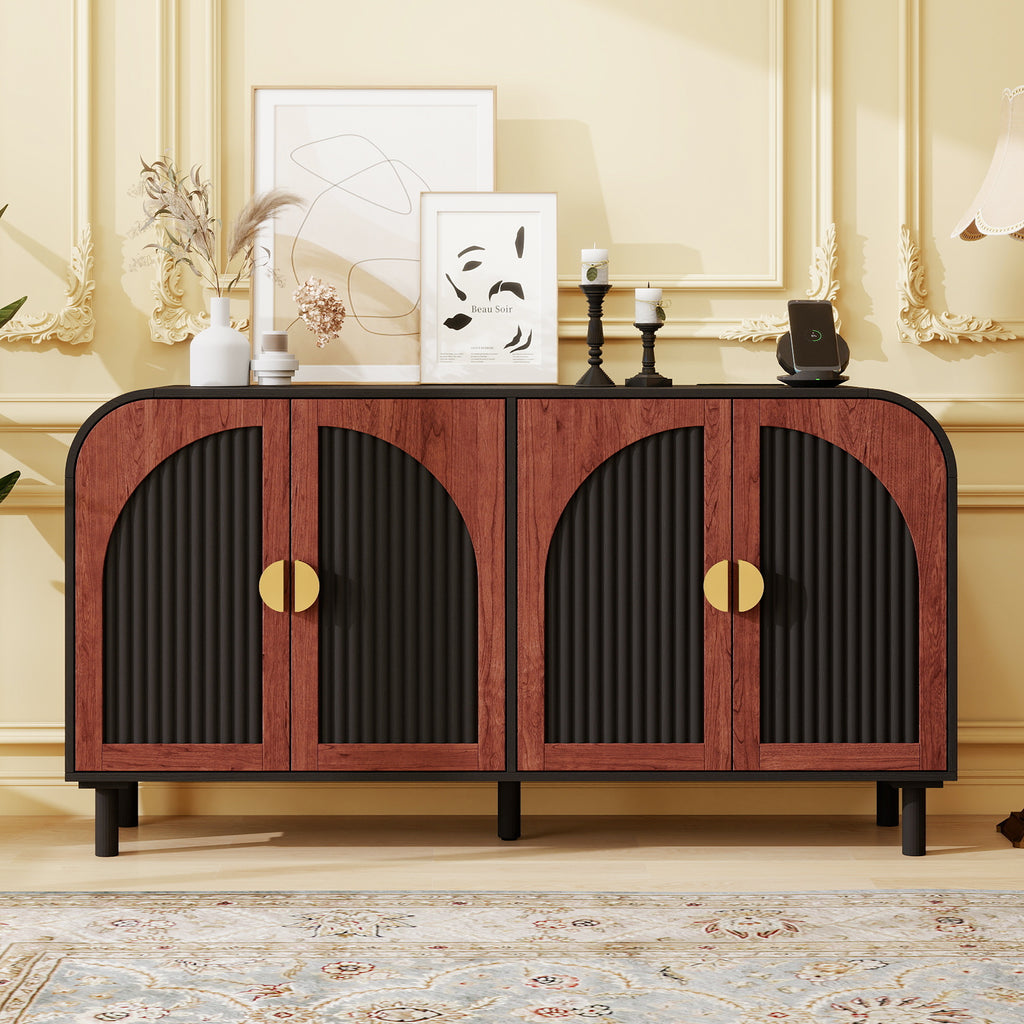 Vintage Arched 4-Door Sideboard in Walnut & Black with Gold Hardware