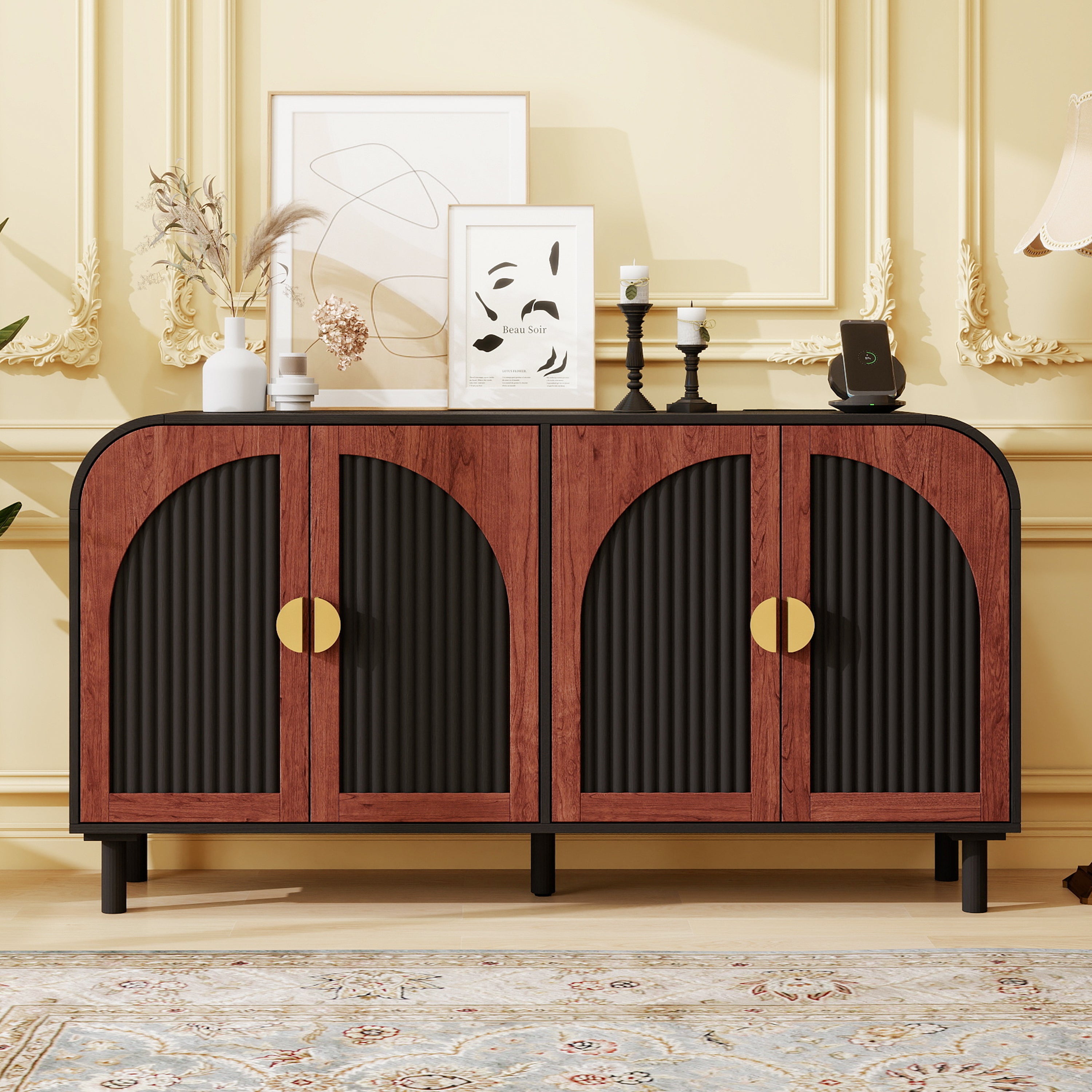 Vintage Arched 4-Door Sideboard in Walnut & Black with Gold Hardware