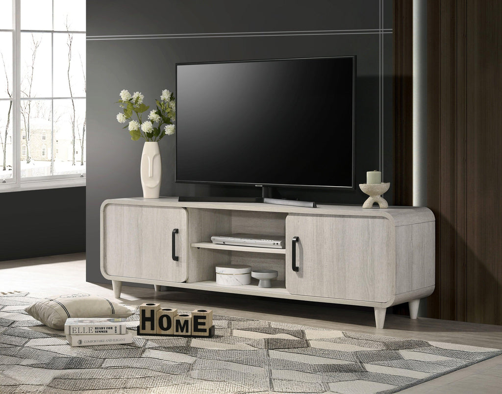 Mid-Century TV Stand with Sliding Doors & Tapered Legs.