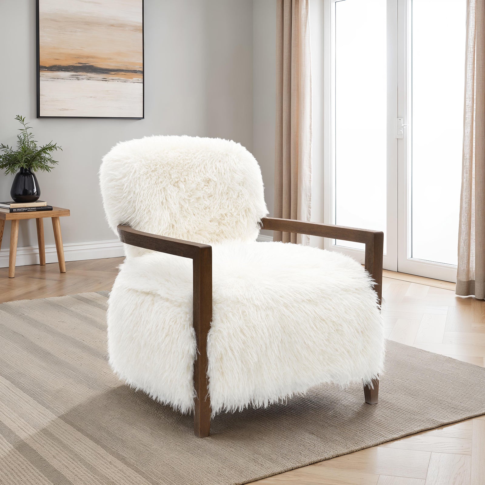 Faux fur accent chair in white with wooden arms, styled in a modern living room with neutral tones and natural light.