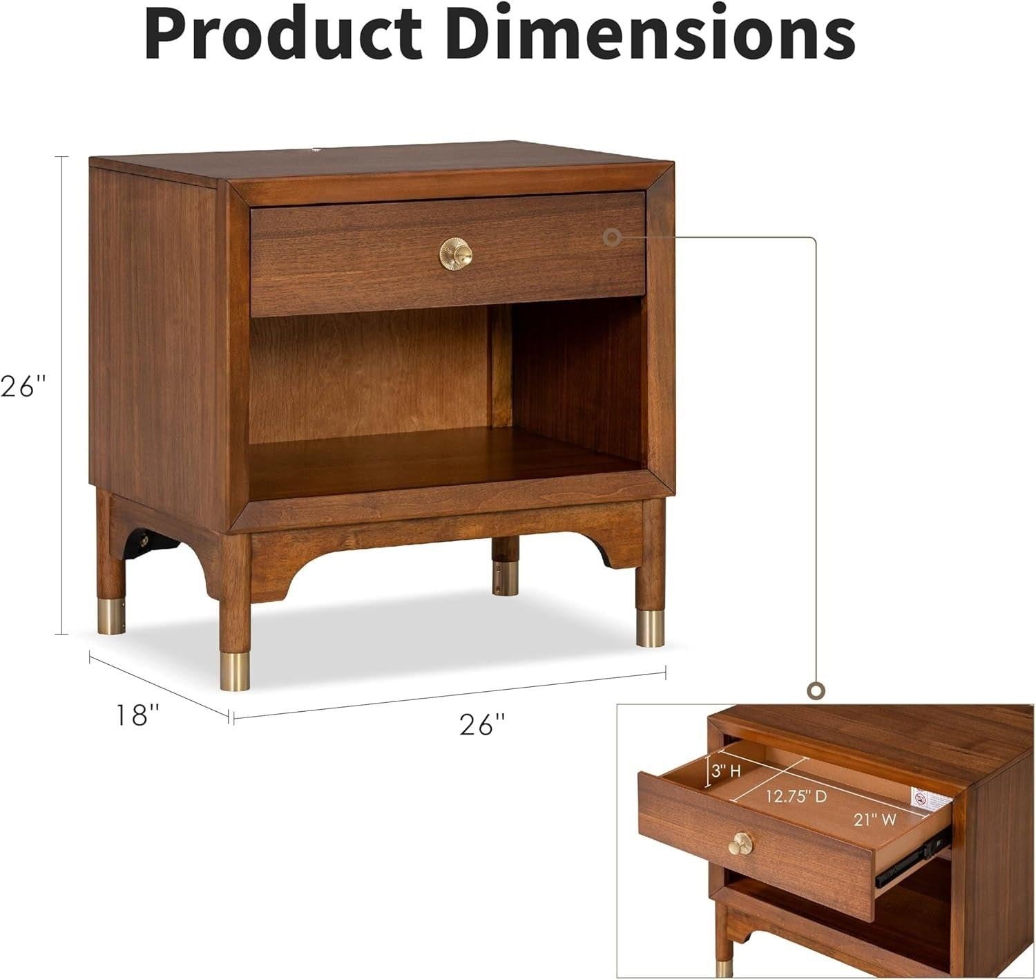 Mid Century Modern Nightstand with USB Port and Gold Legs.
