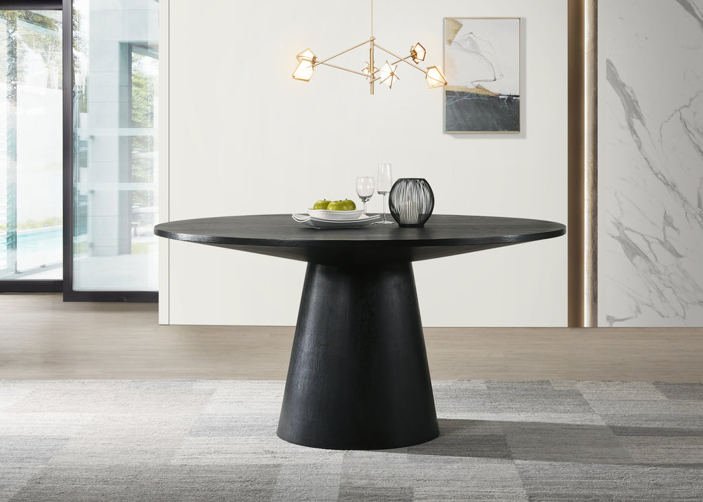 Ebony black round pedestal dining table from Jasper 5-piece set. Sleek wood finish perfect for modern dining spaces.