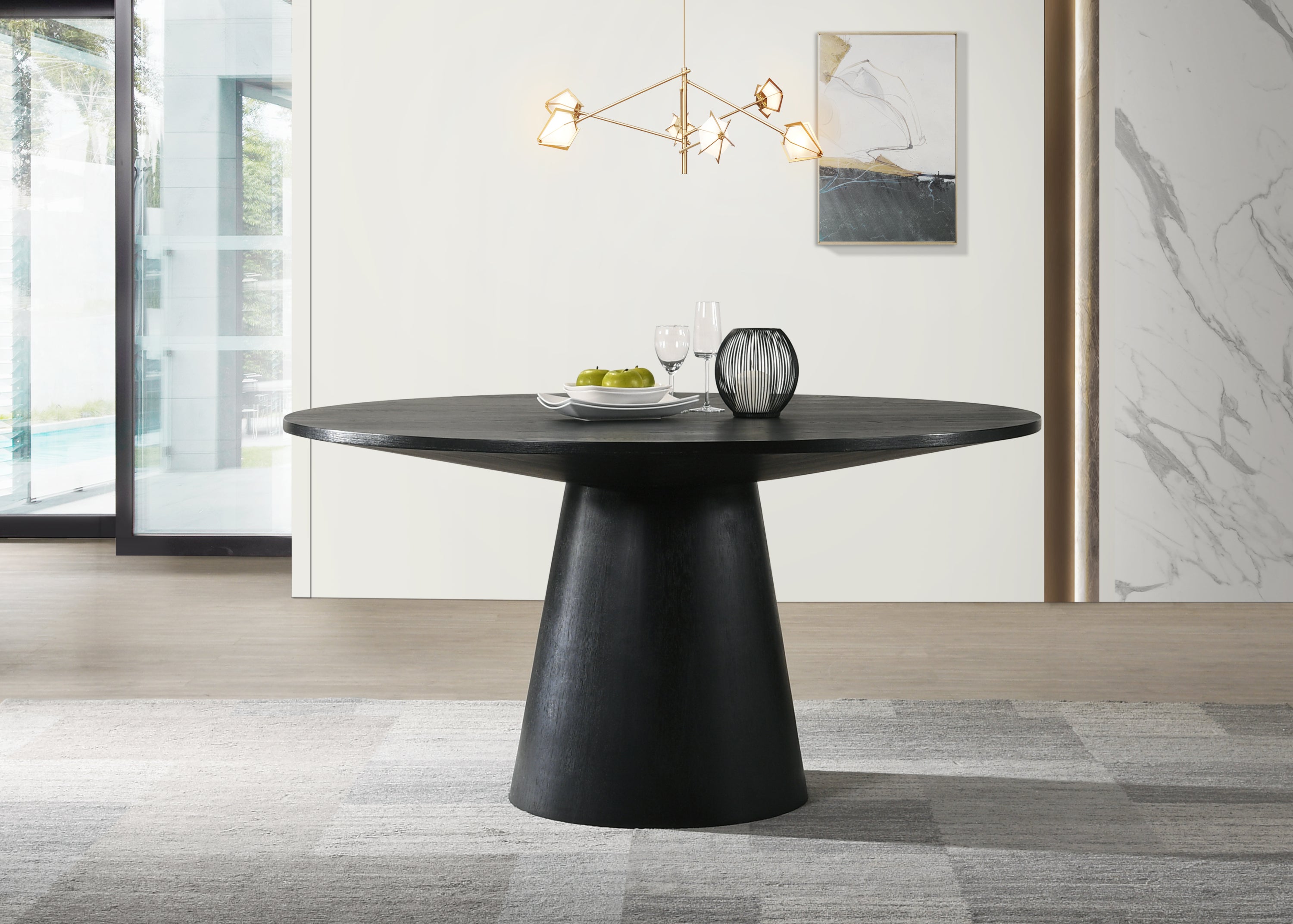 Ebony black round pedestal dining table from Jasper 5-piece set. Sleek wood finish perfect for modern dining spaces.
