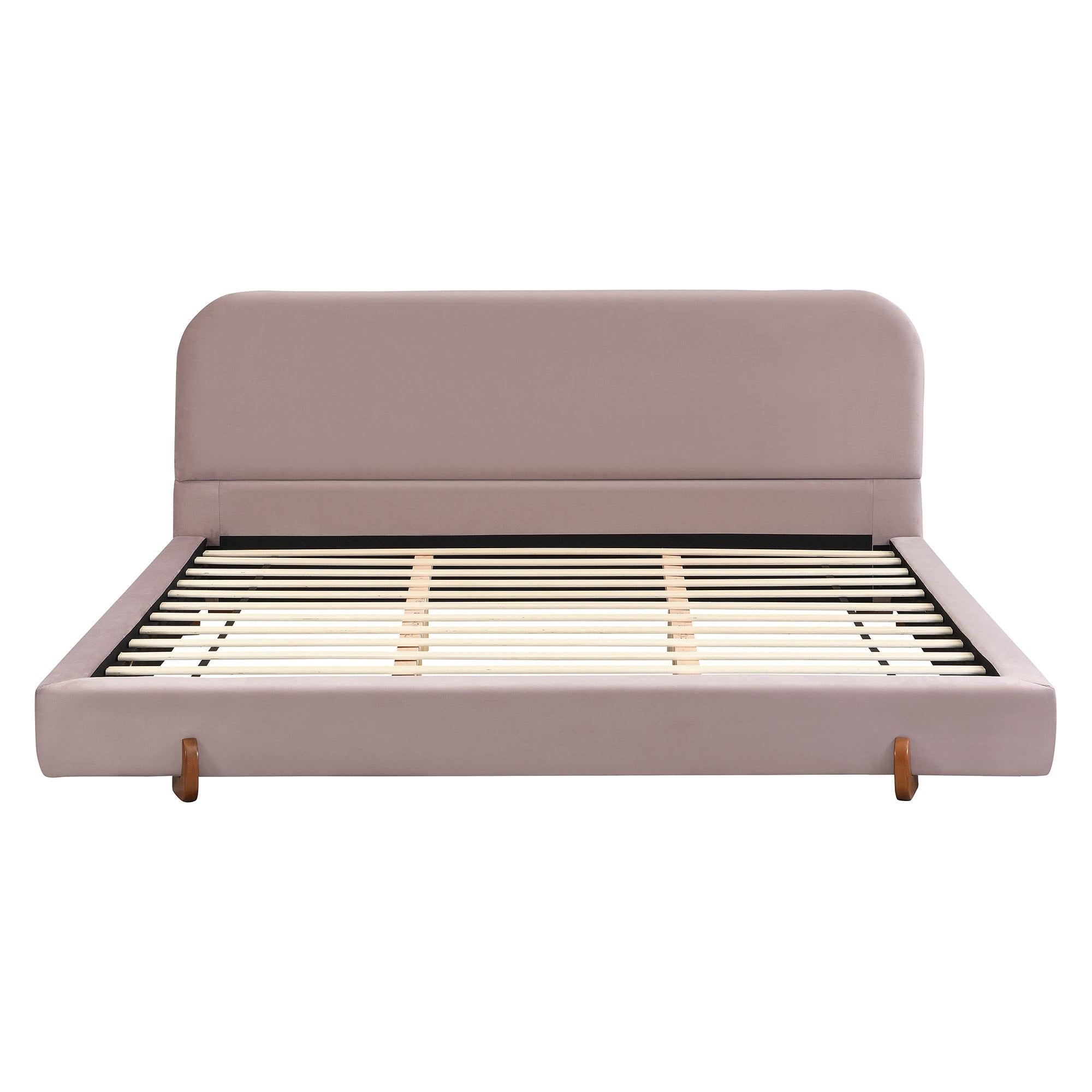 Pink Velvet Bed Frame with Brown Wood Legs - King Size.