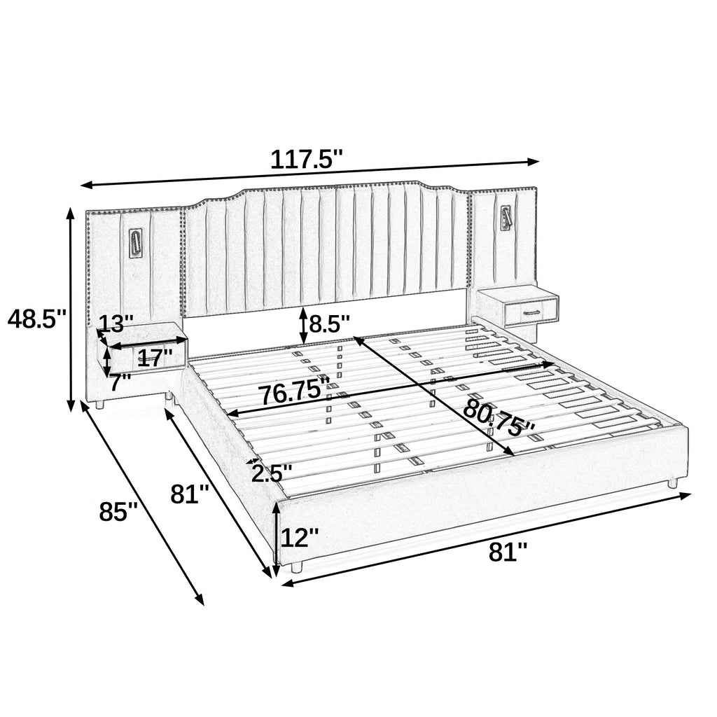 Dimensions diagram of King Size Upholstered Bed Frame showing 117.5-inch width, 85-inch depth, and 48.5-inch height with integrated headboard and drawers.