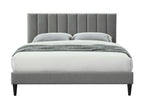 Modern gray upholstered king bed frame with vertical channel-tufted headboard and dark tapered legs.