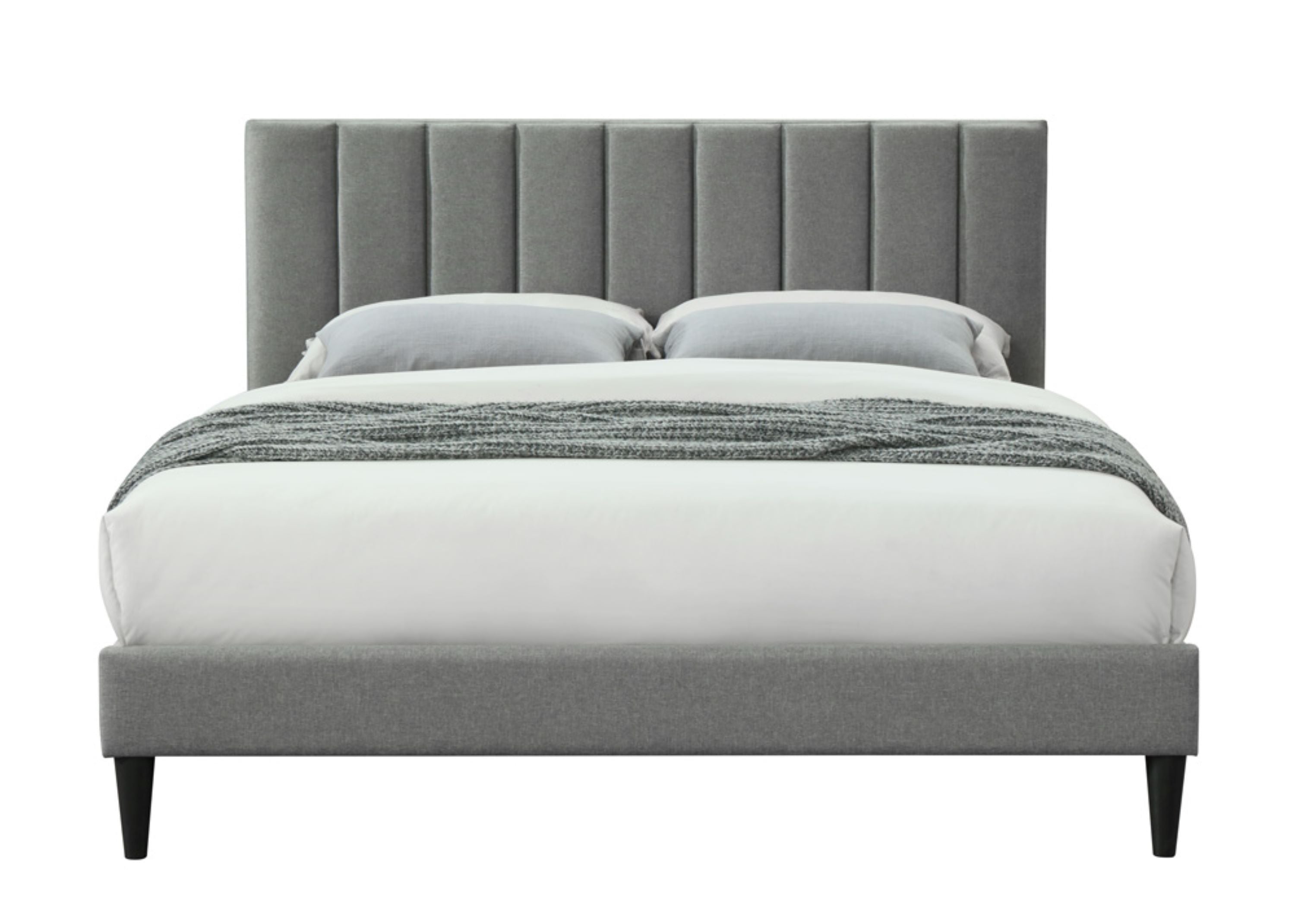 Modern gray upholstered king bed frame with vertical channel-tufted headboard and dark tapered legs.
