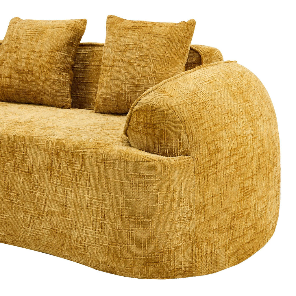 Close-up of armrest and cushions on yellow chenille L-shaped sofa, showing textured fabric and ergonomic comfort.