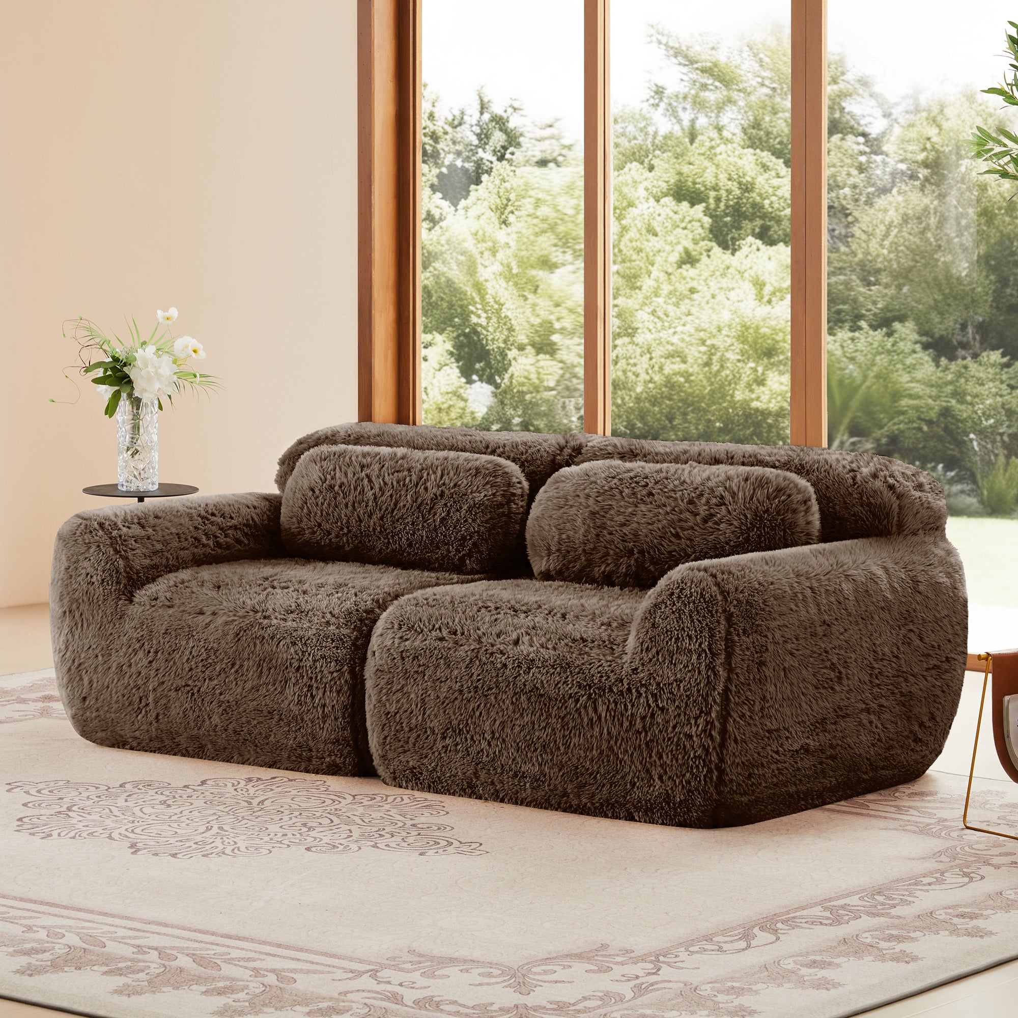 Modular 2-seater sofa in soft plush fabric with lumbar cushions, ideal for cozy and stylish living room setups.