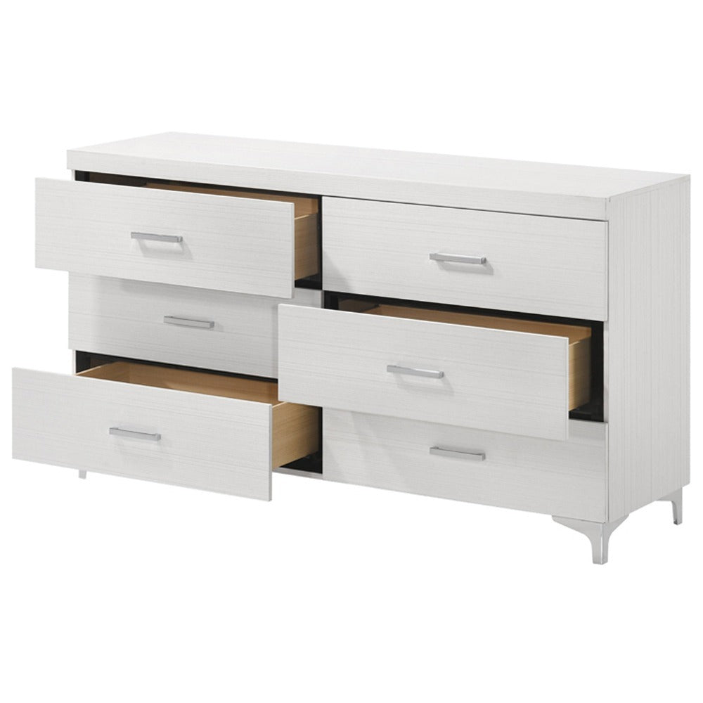White 6-drawer dresser with partially open drawers showing spacious interior, designed for modern bedroom organization.
