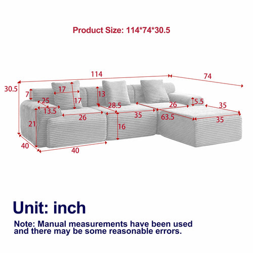 114-inch Modular Corduroy Sofa – Flexible Design & Comfort.
