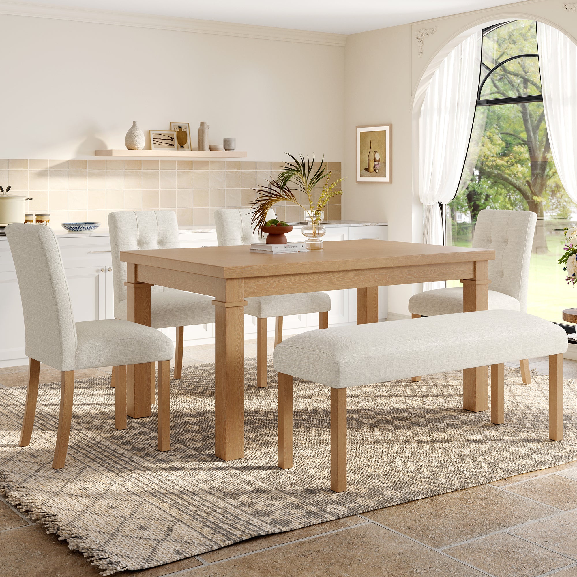 6-Piece Modern Dining Set, Rectangle Kitchen Table with 4 Upholstered Chairs & Bench, Ideal for Dining Room and Living Room, (Easy Assembly, Space Saving)