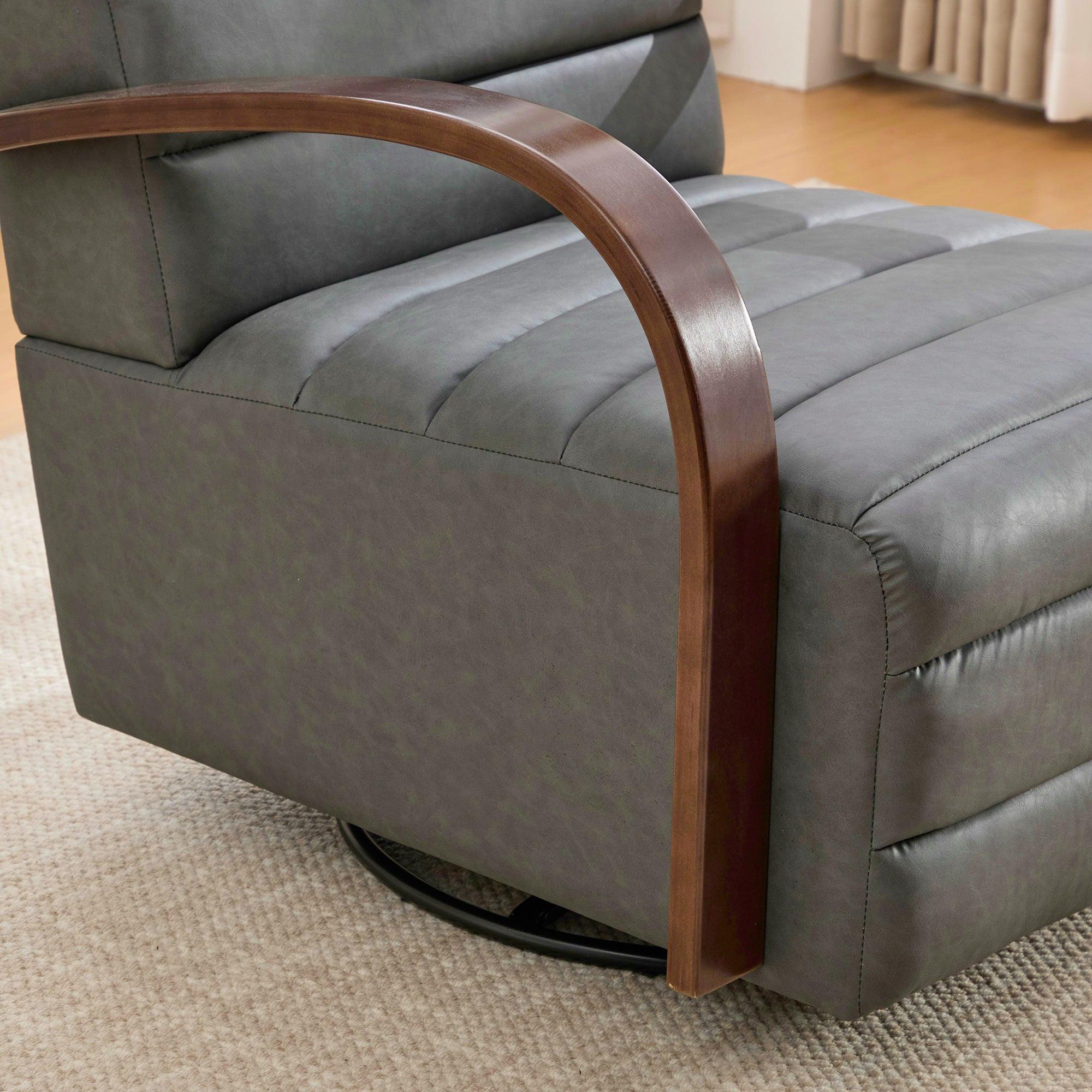 Modern Upholstered 360° Swivel Accent Chair with Solid Wood Armrests, Comfy Channel Tufted Lounge Reading Chair, Gray PU, 30.3'W.