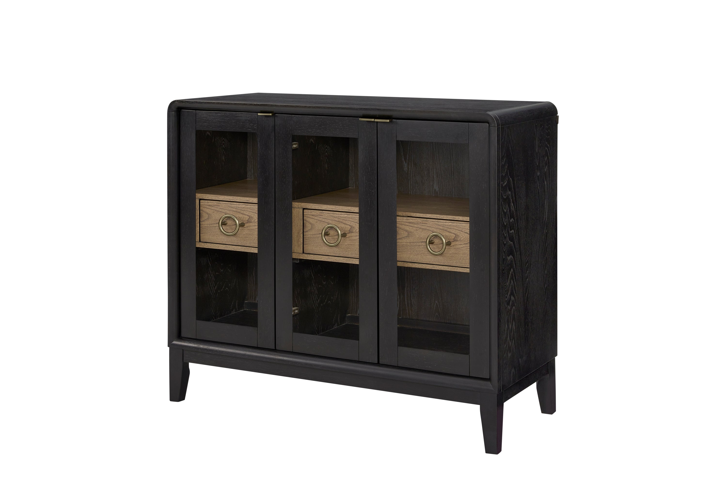 Angled view of Peppercorn Glass Door Server Furniture featuring framed glass doors and two central wood drawers with brass ring pulls.