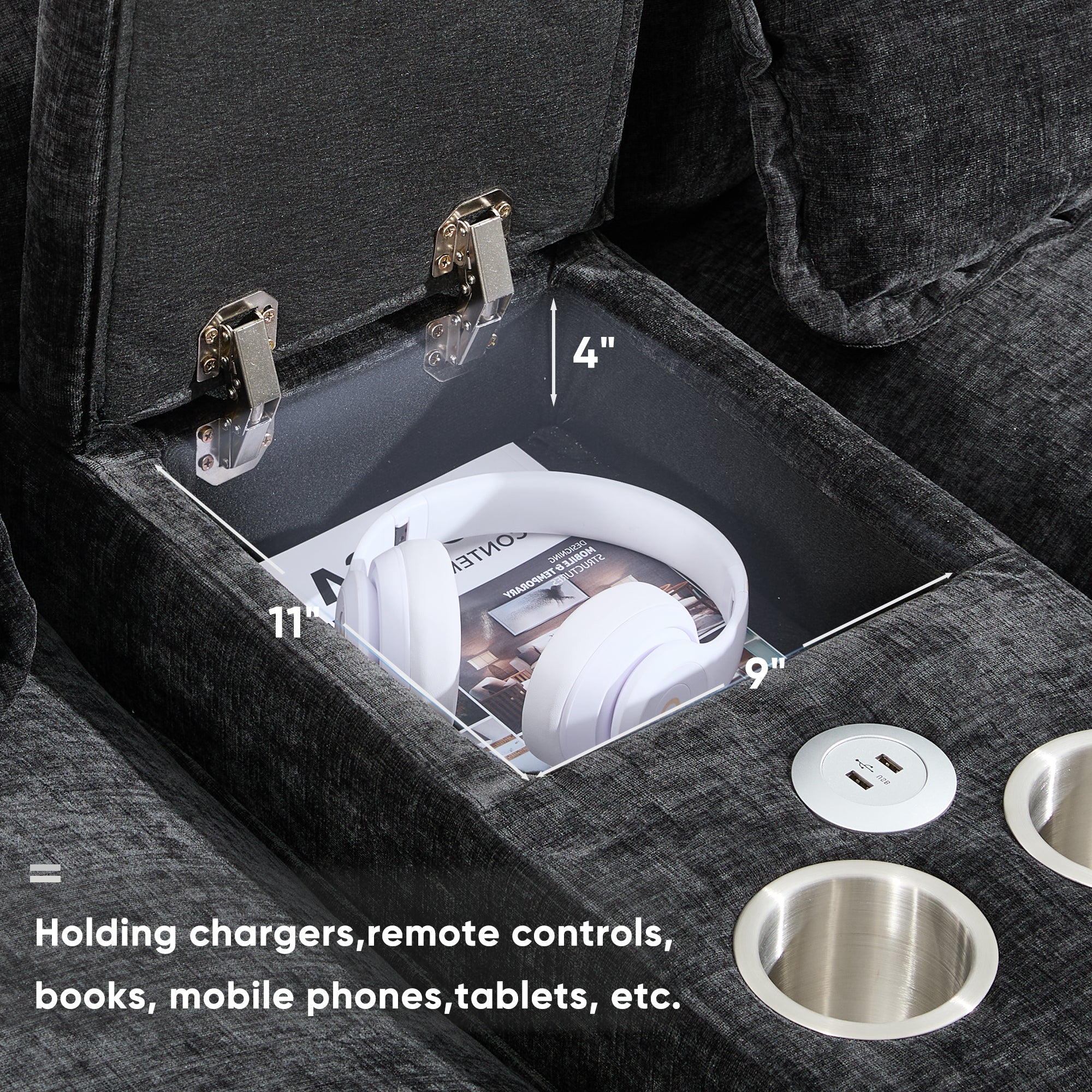 Storage console of Modern U-Shaped Sectional Sofa with Console & USB holds accessories like headphones, books, and mobile devices.