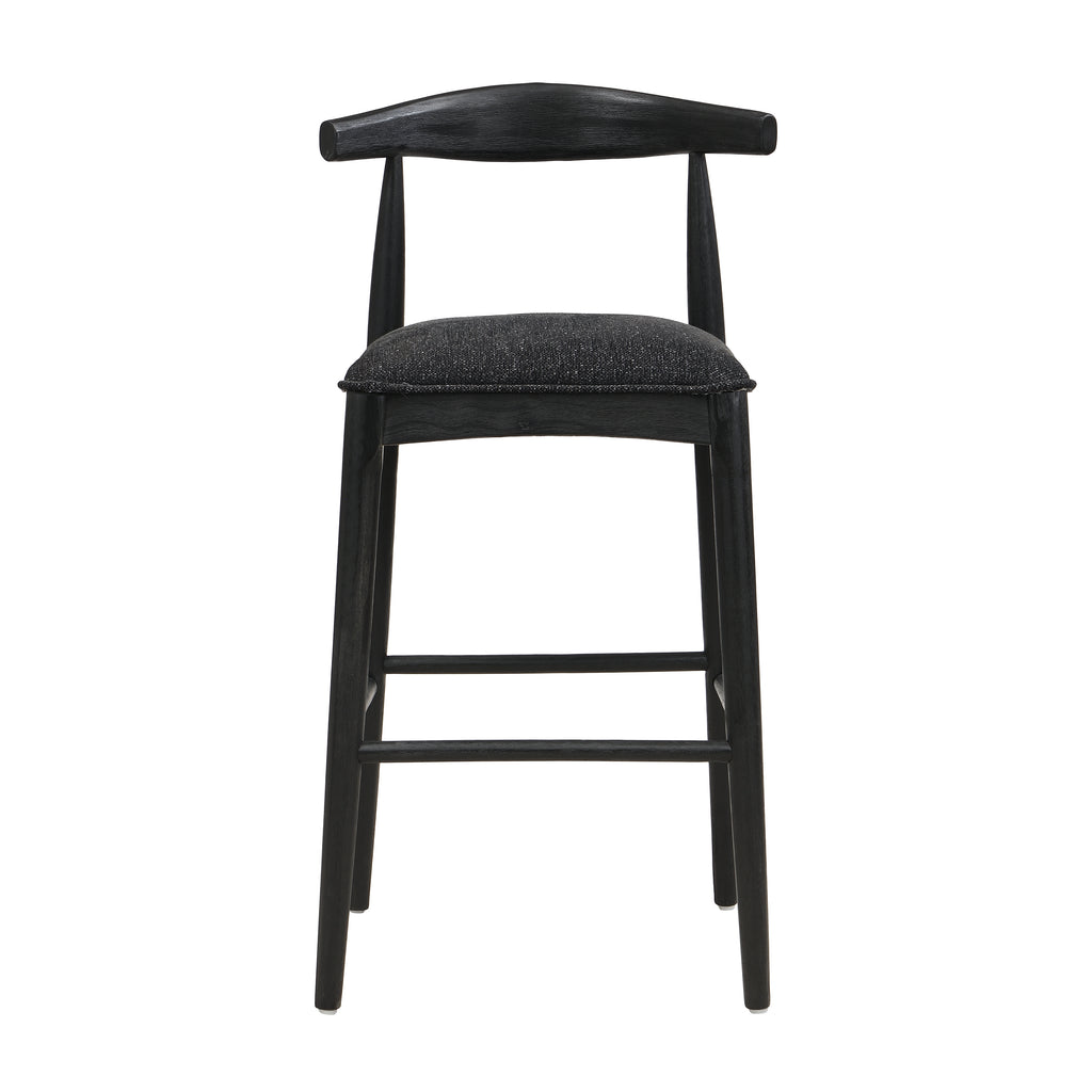 Front view of black fabric bar stool with upholstered seat and open back, showcasing minimalist design and durable construction.