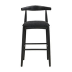 Front view of black fabric bar stool with upholstered seat and open back, showcasing minimalist design and durable construction.