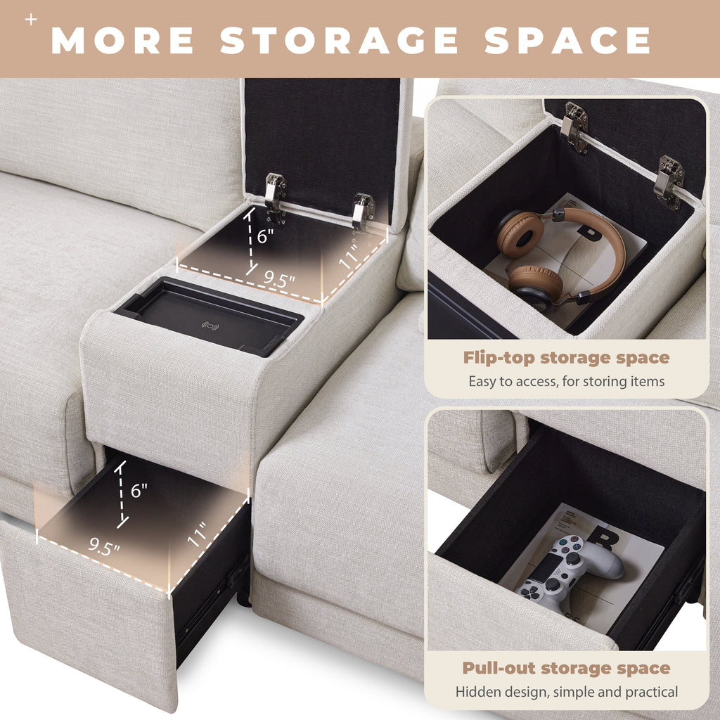 Close-up of flip-top and pull-out storage compartments in L-Shaped sectional sofa, ideal for organizing electronics and accessories.