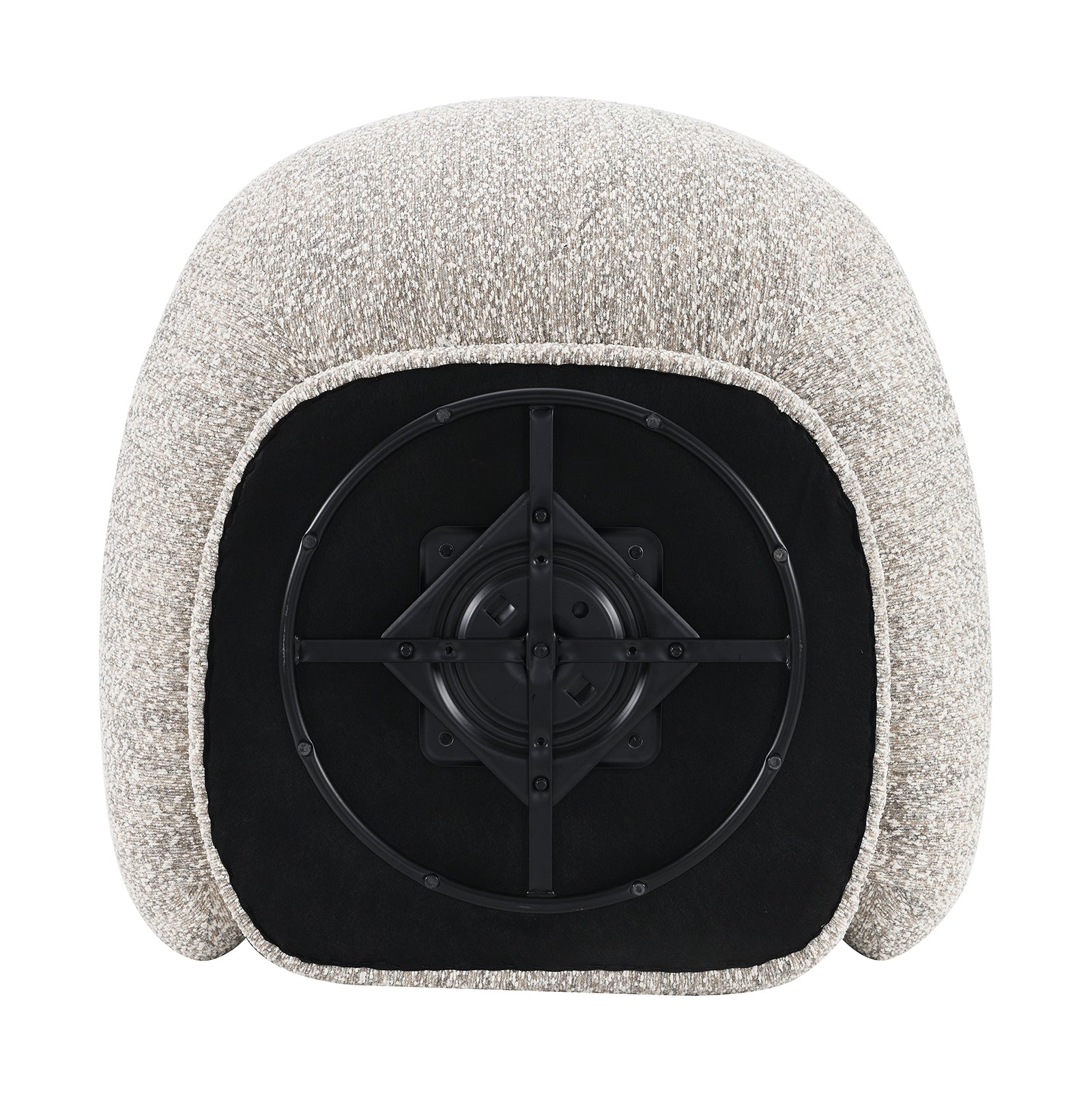 Bottom view of the brown boucle swivel chair showing the black 360-degree swivel mechanism for smooth rotation.