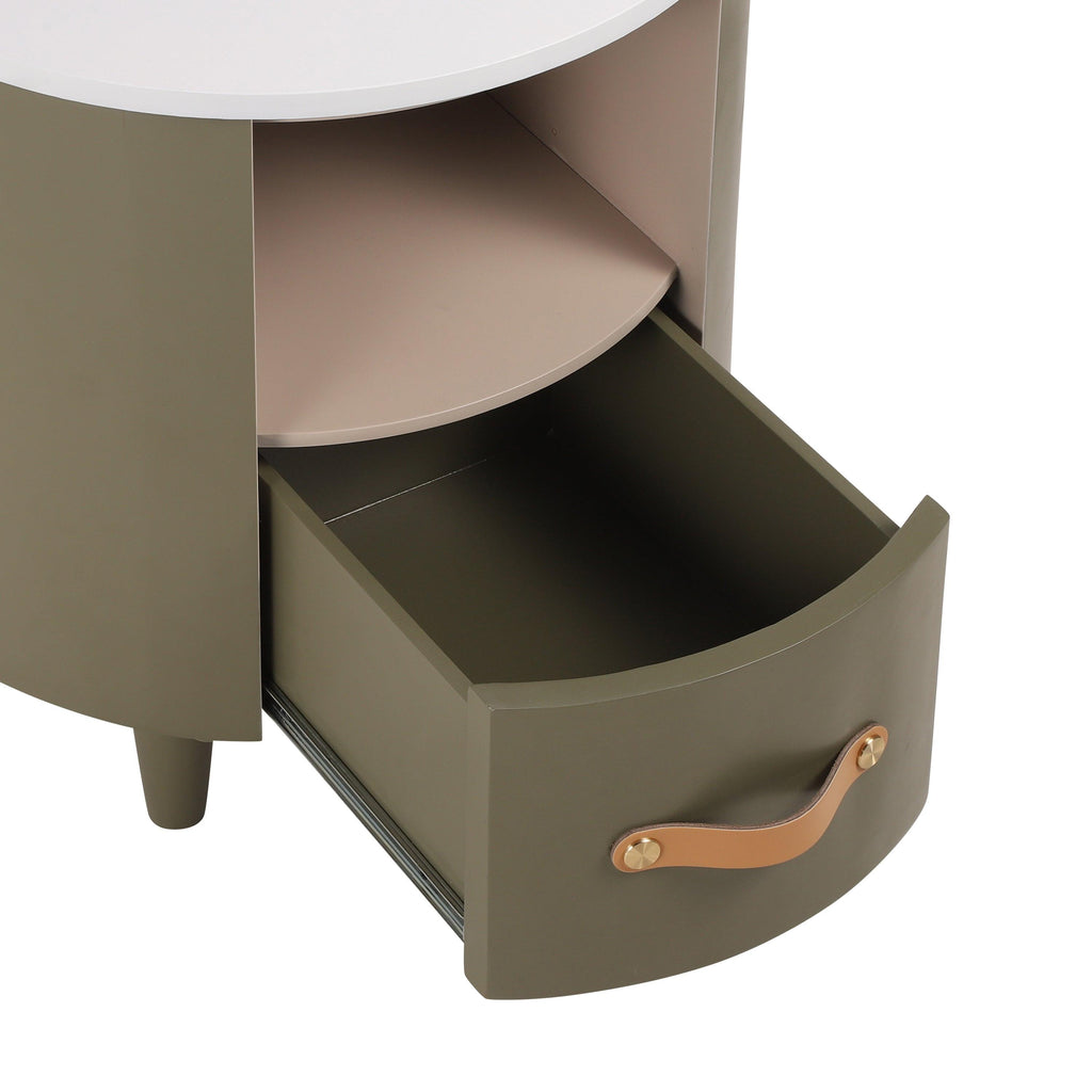 Modern Round Nightstand with Storage Drawer & Shelf.