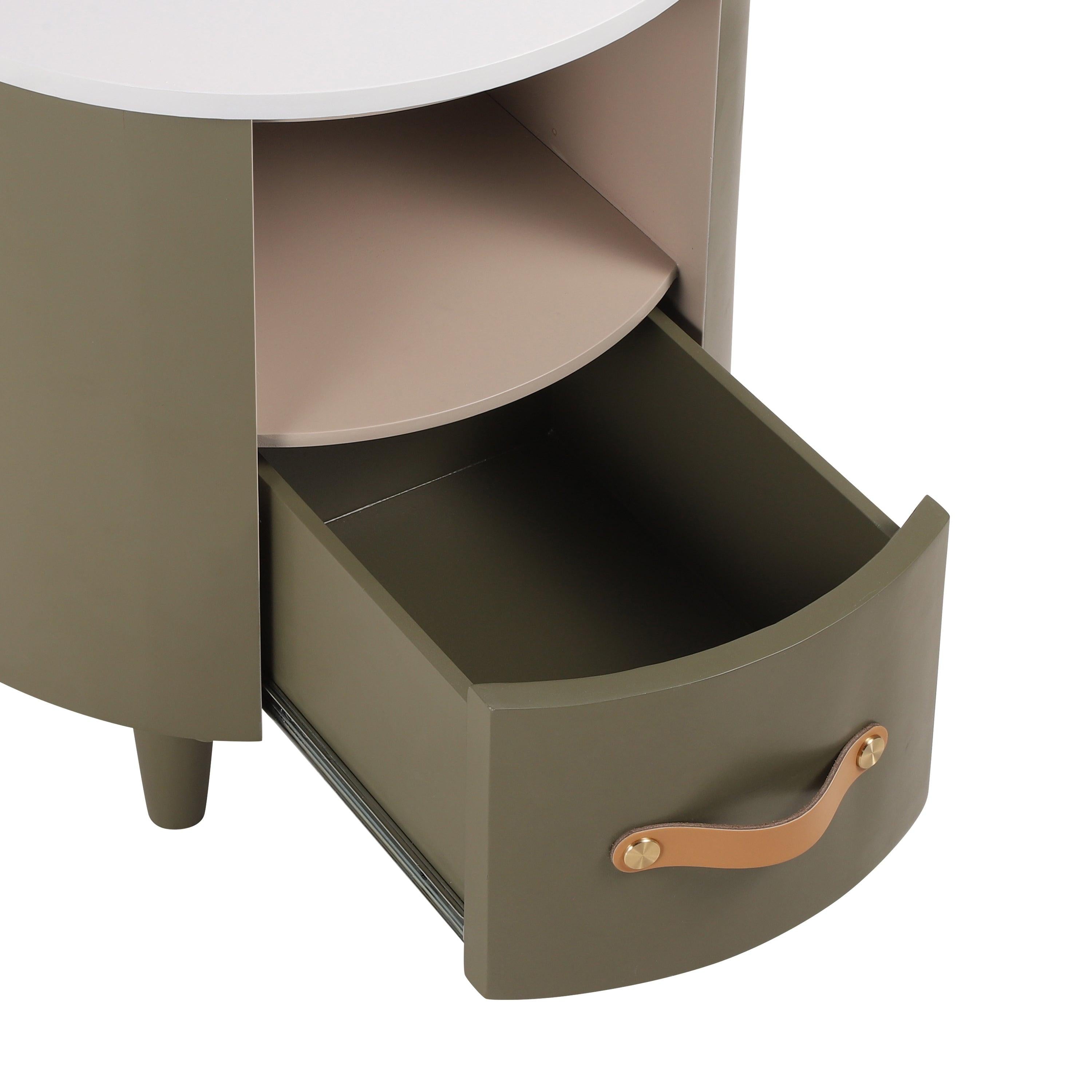 Modern Round Nightstand with Storage Drawer & Shelf.