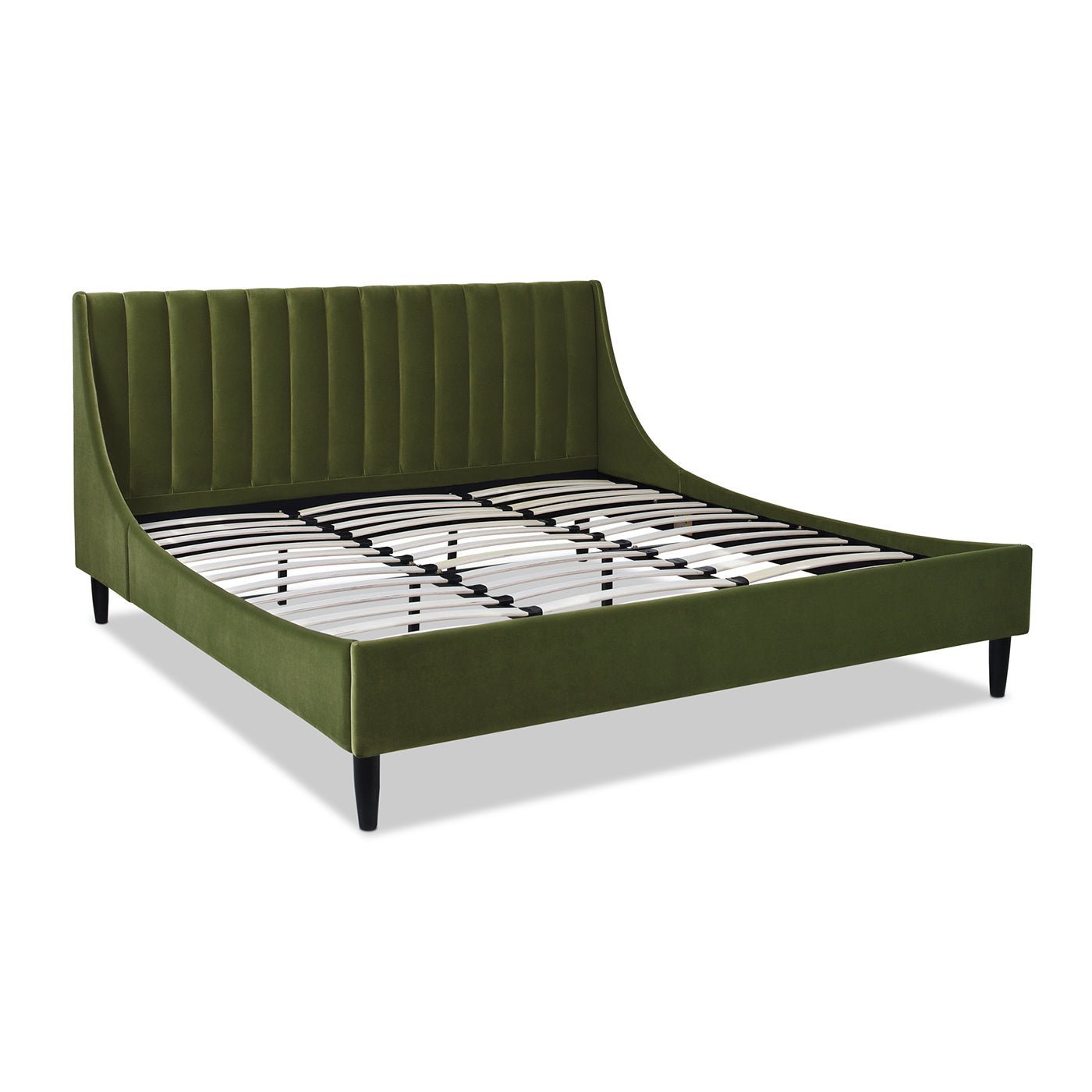 Angled view of Aspen Olive Green Velvet King Bed Set with exposed slats, showcasing modern platform structure and velvet finish.