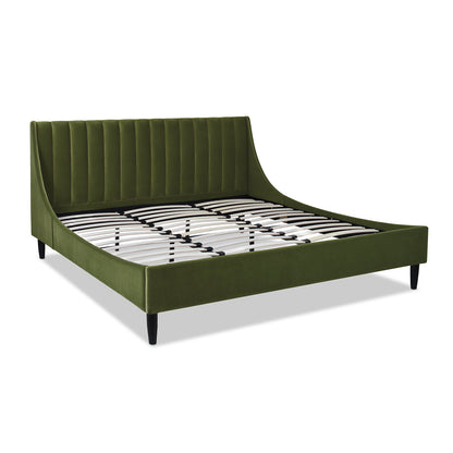 Angled view of Aspen Olive Green Velvet King Bed Set with exposed slats, showcasing modern platform structure and velvet finish.
