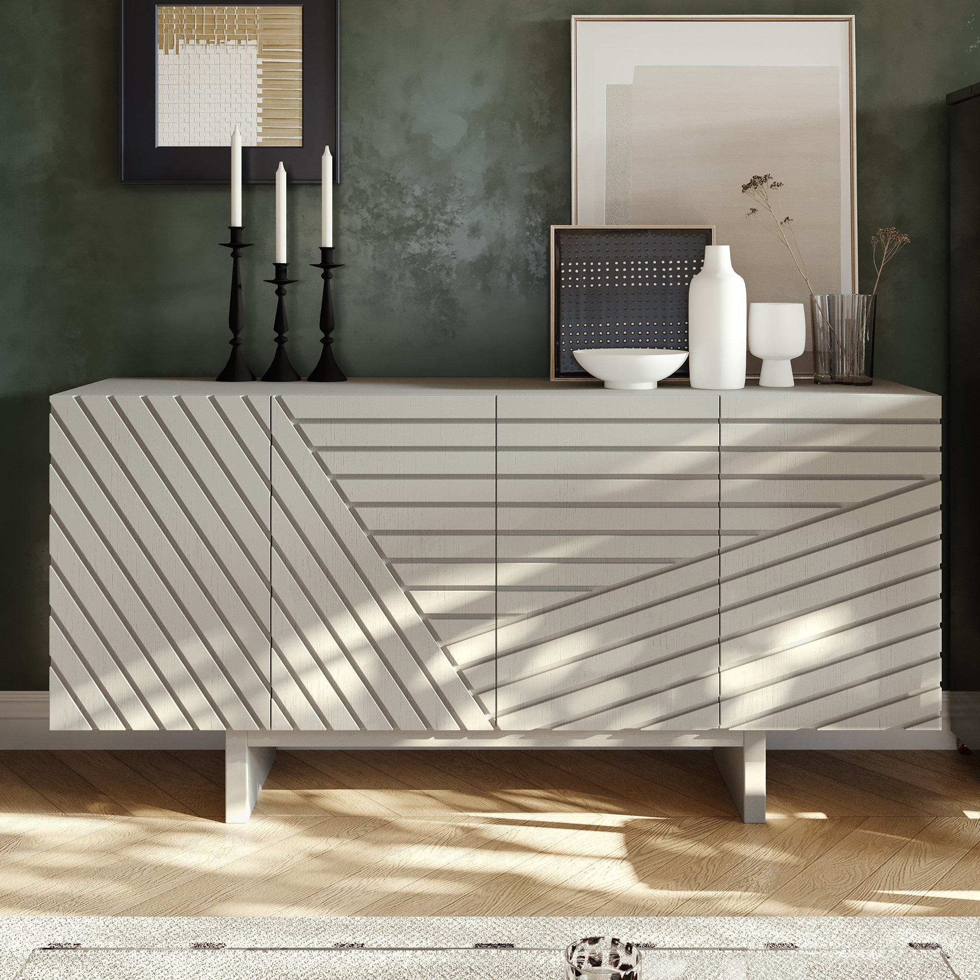 63-Inch White MDF Sideboard with Geometric Door Design
