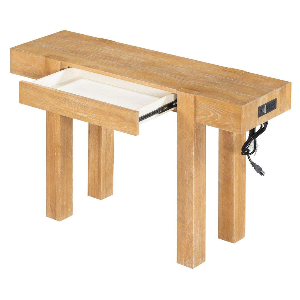 Rustic Wood Console Table with Outlet & Hidden Drawer.