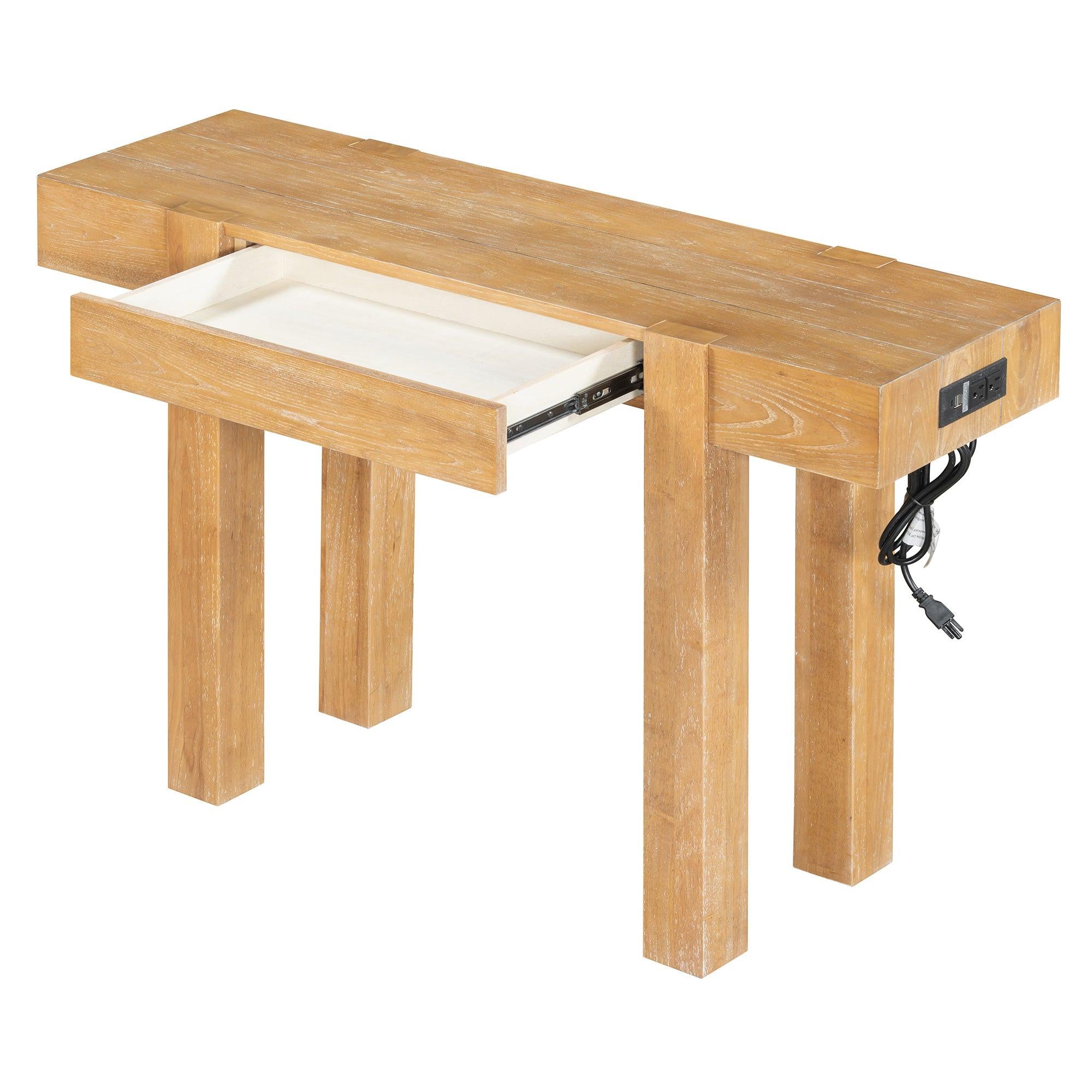 Rustic Wood Console Table with Outlet & Hidden Drawer.