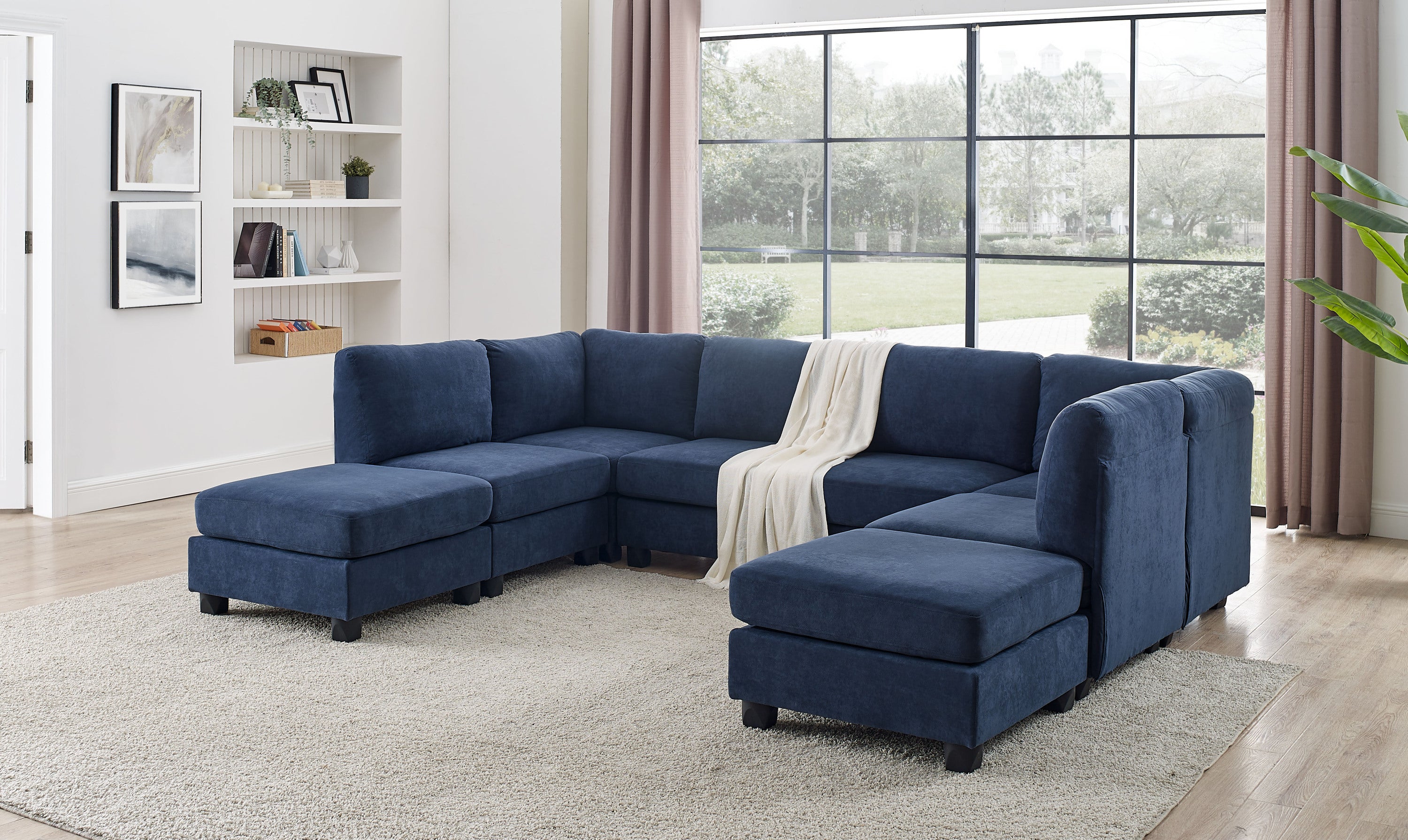 120-Inch Dark Blue Polyester Modular 8-Seater Sectional Sofa