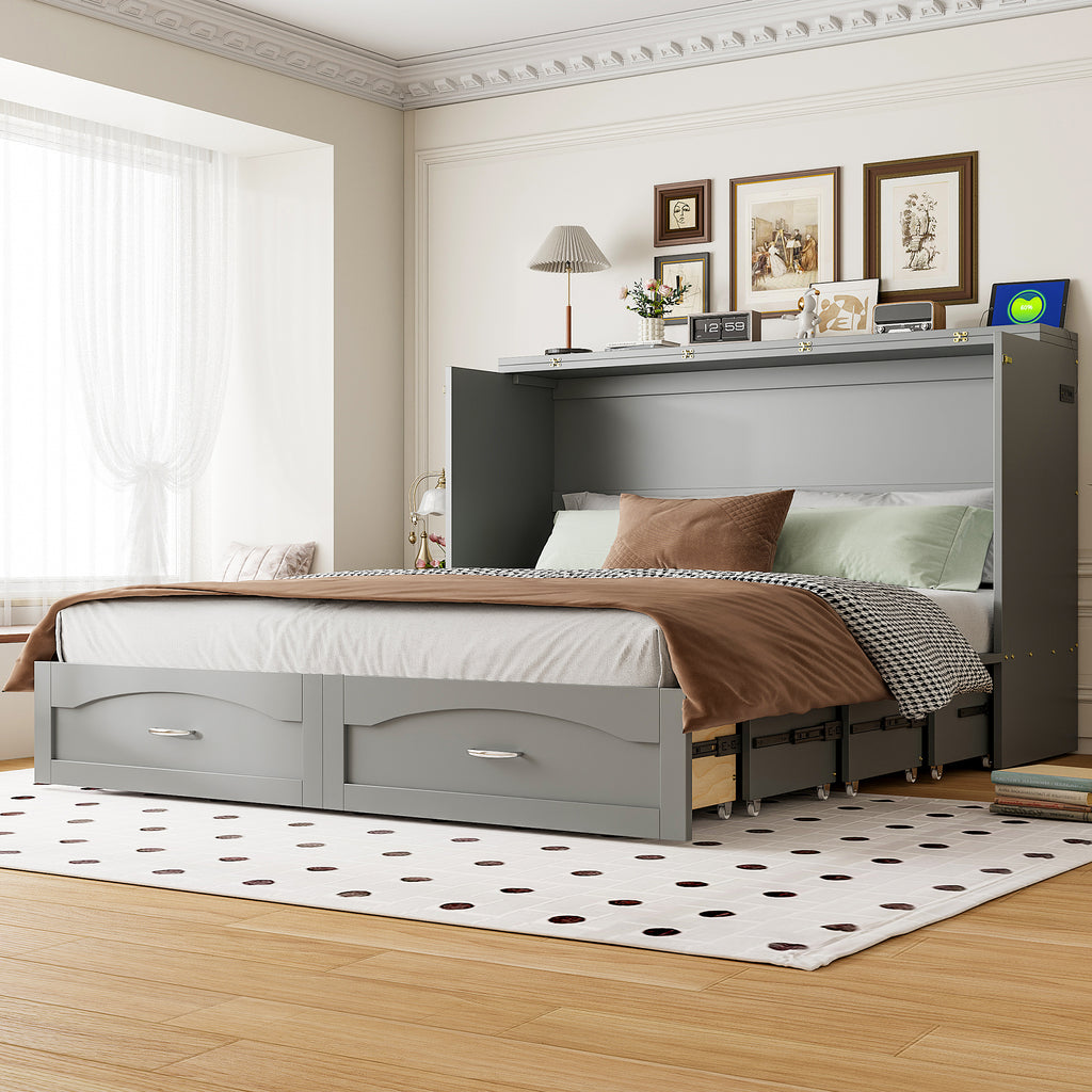 Gray Queen Size Murphy Bed with Integrated USB Ports and Storage
