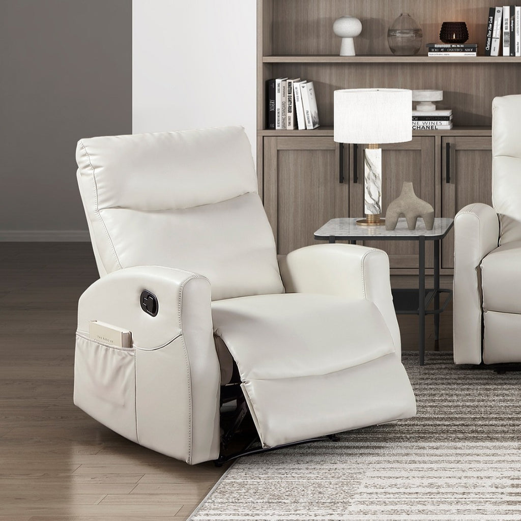 Contemporary Beige Faux Leather Reclining Chair with Side Pocket