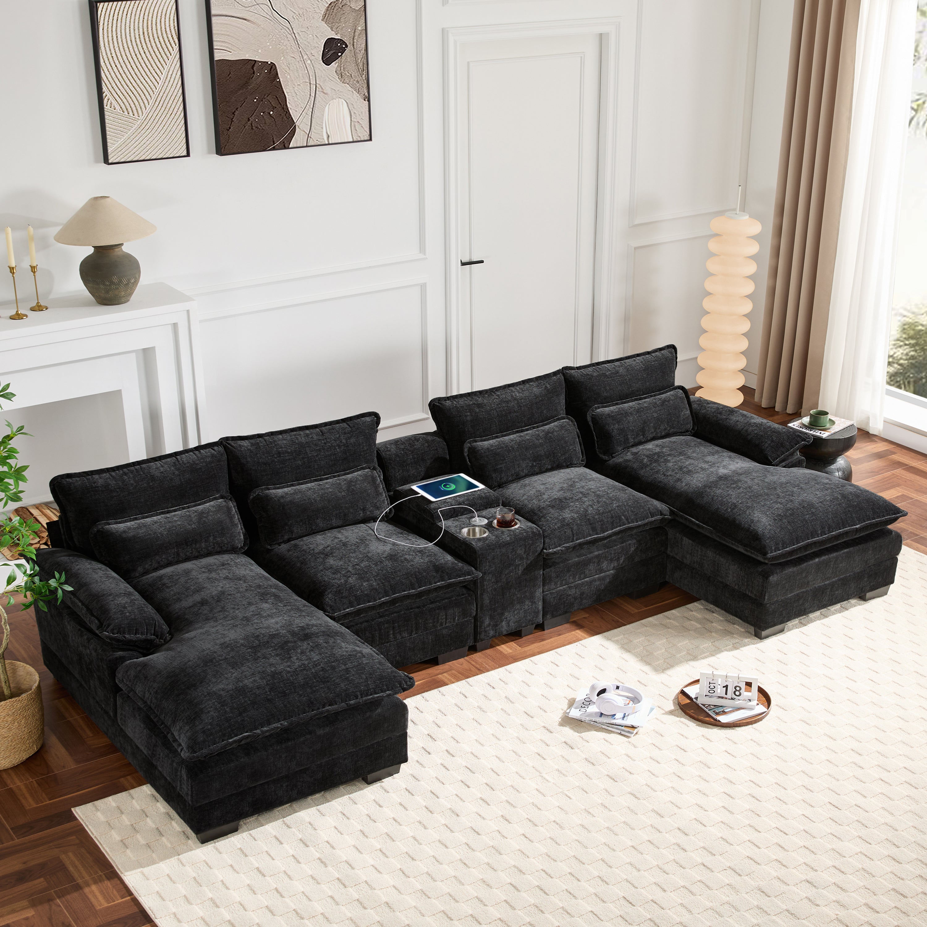 Modern U-Shaped Sectional Sofa with Console & USB in black chenille fabric, featuring cup holders, USB ports, and plush seating for 6 people.