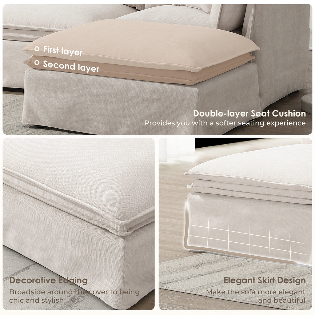 Details of modular sectional sofa's double-layer seat cushion, decorative edging, and elegant skirt design for added style.