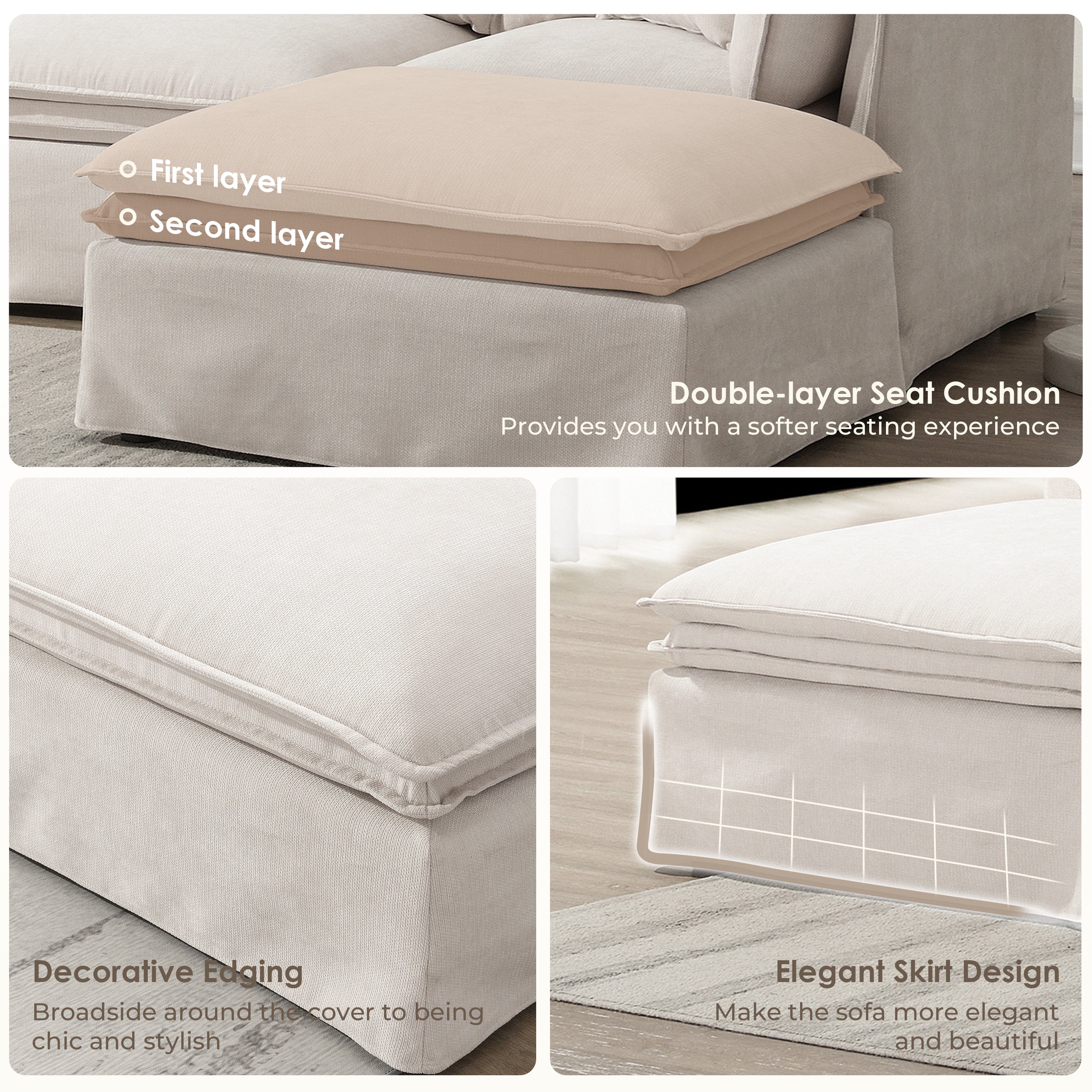 Details of modular sectional sofa's double-layer seat cushion, decorative edging, and elegant skirt design for added style.