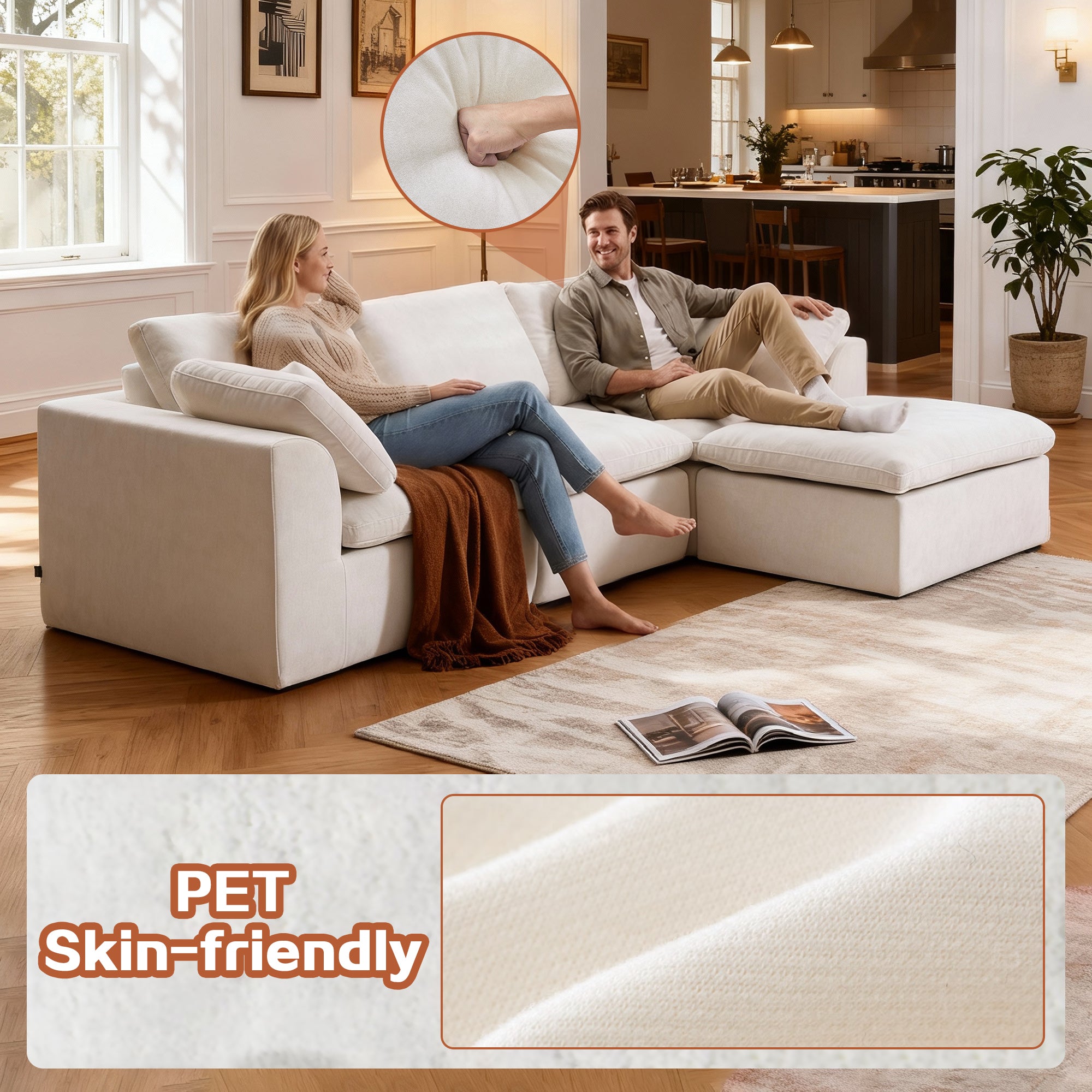 L-Shaped Sectional Sofa with Chaise in soft chenille fabric, shown with couple relaxing, emphasizing pet-friendly and skin-safe material.